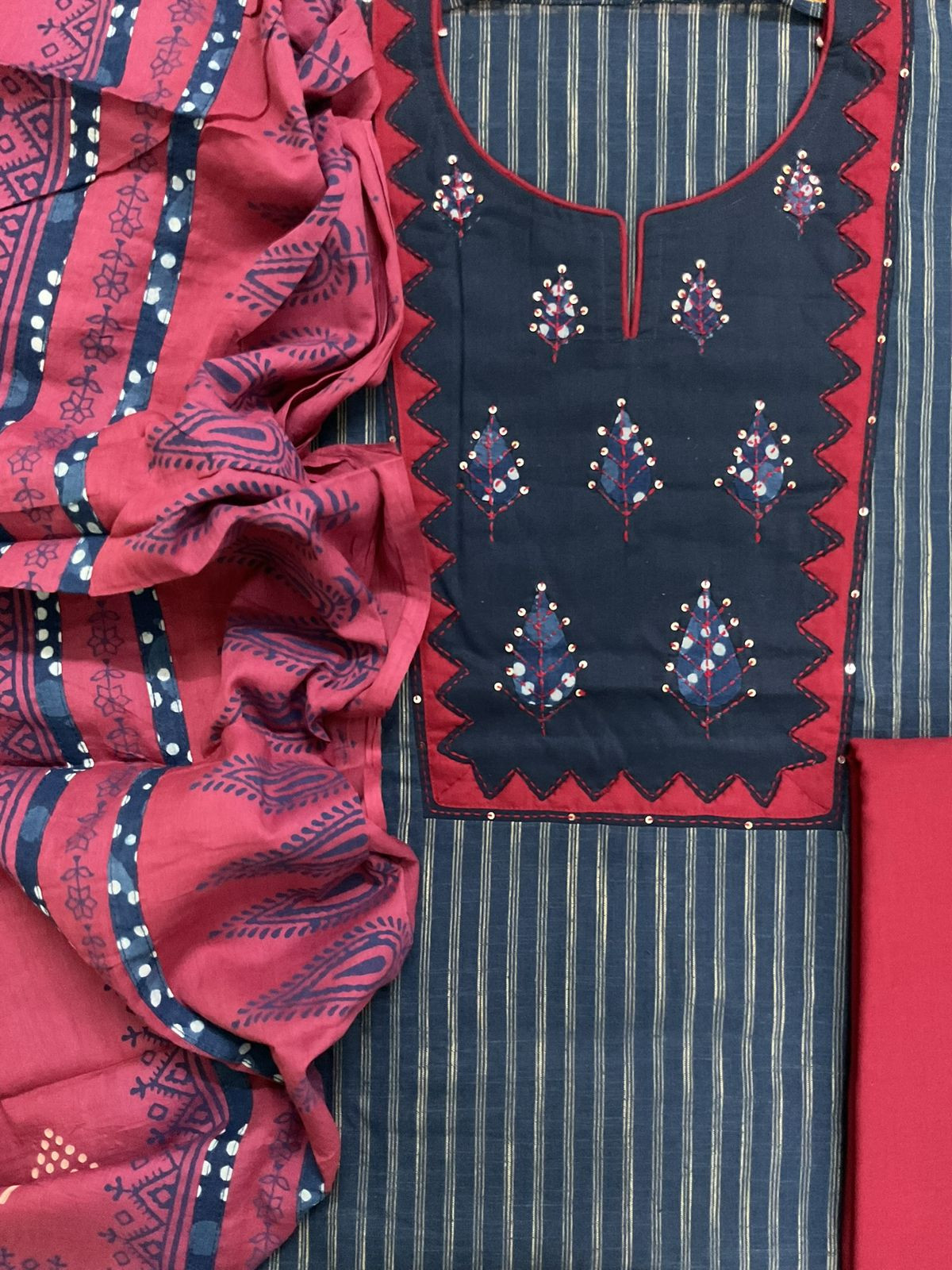 Pure Handloom Cotton Printed Embroidered Self Weaved Suit - Blue