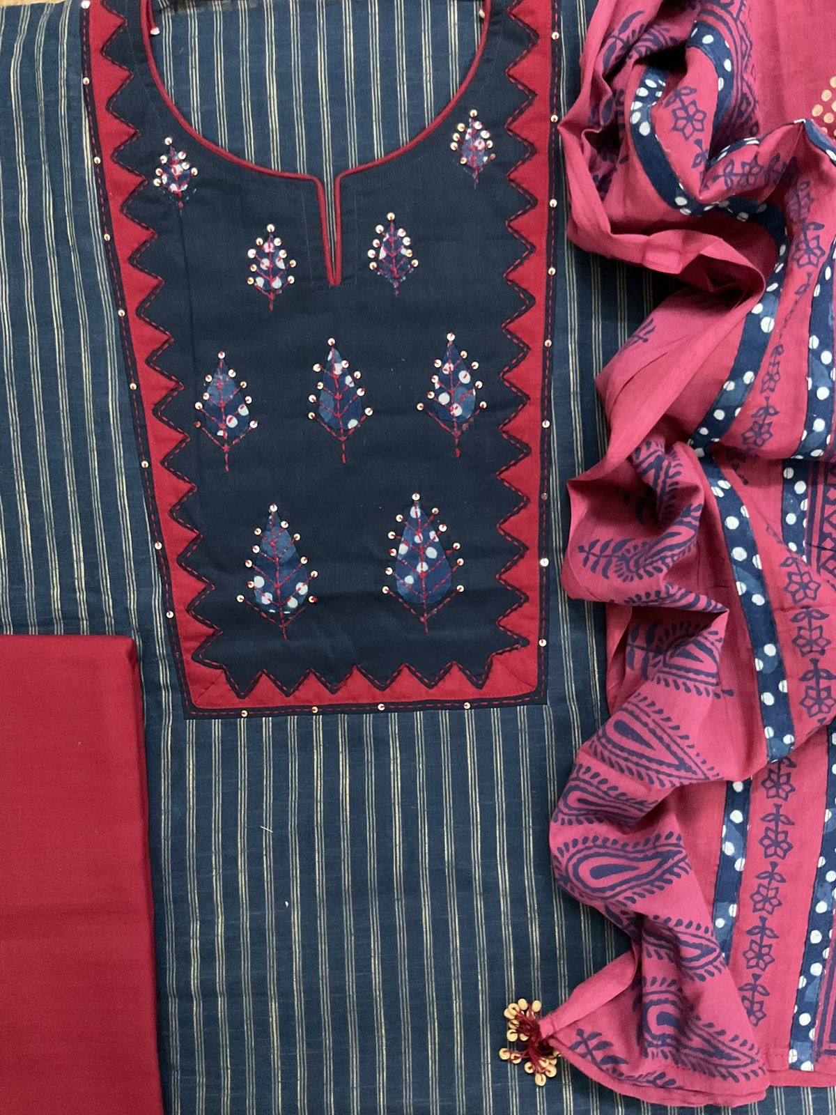 Pure Handloom Cotton Printed Embroidered Self Weaved Suit - Blue