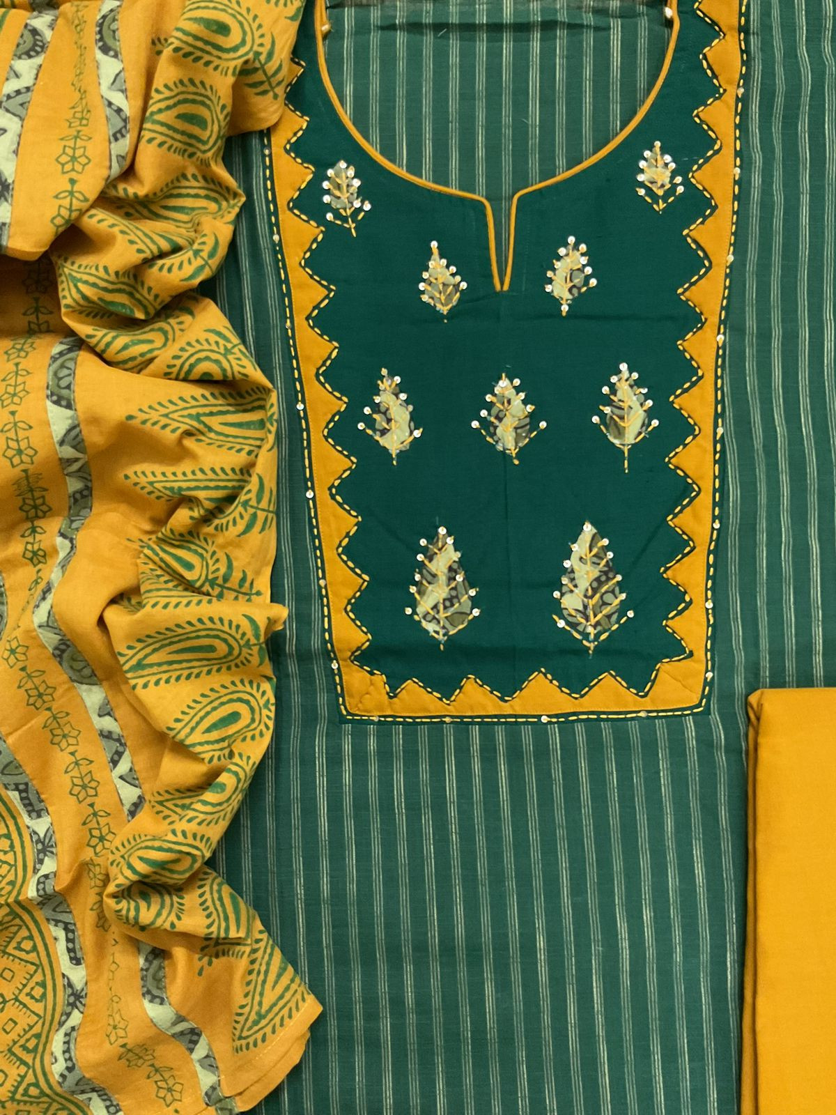 Pure Handloom Cotton Printed Embroidered Self Weaved Suit - Green