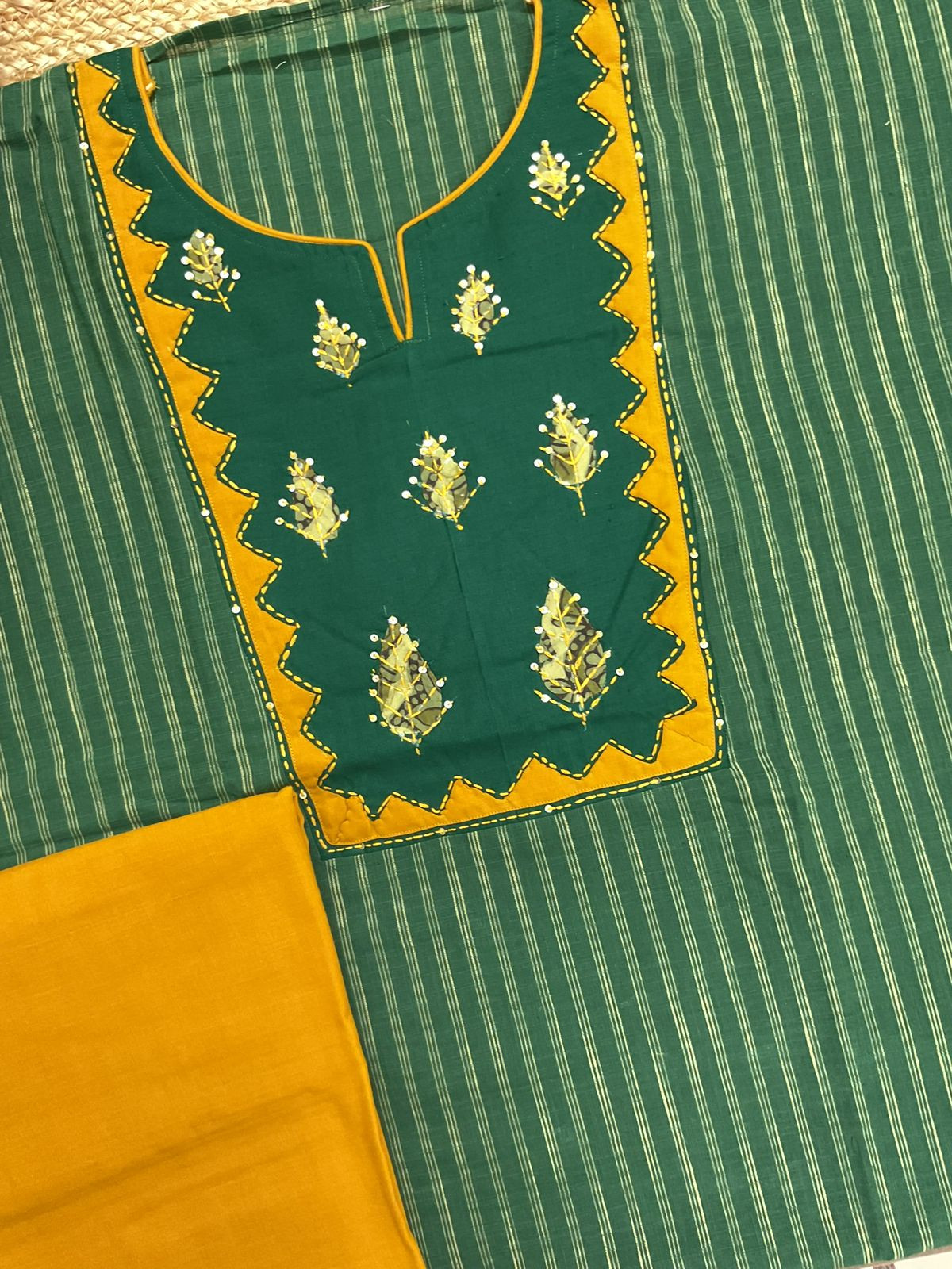 Pure Handloom Cotton Printed Embroidered Self Weaved Suit - Green