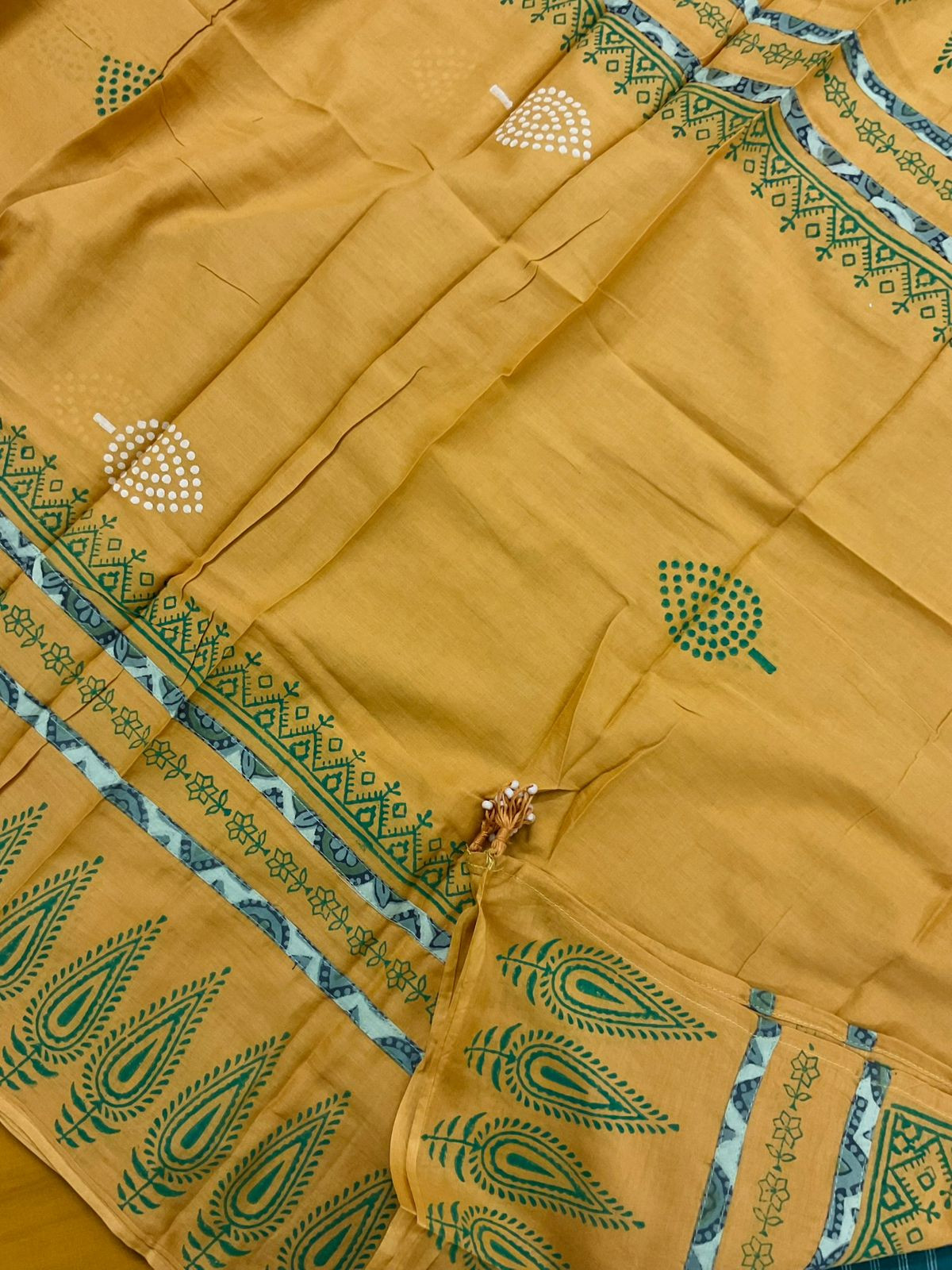 Pure Handloom Cotton Printed Embroidered Self Weaved Suit - Green