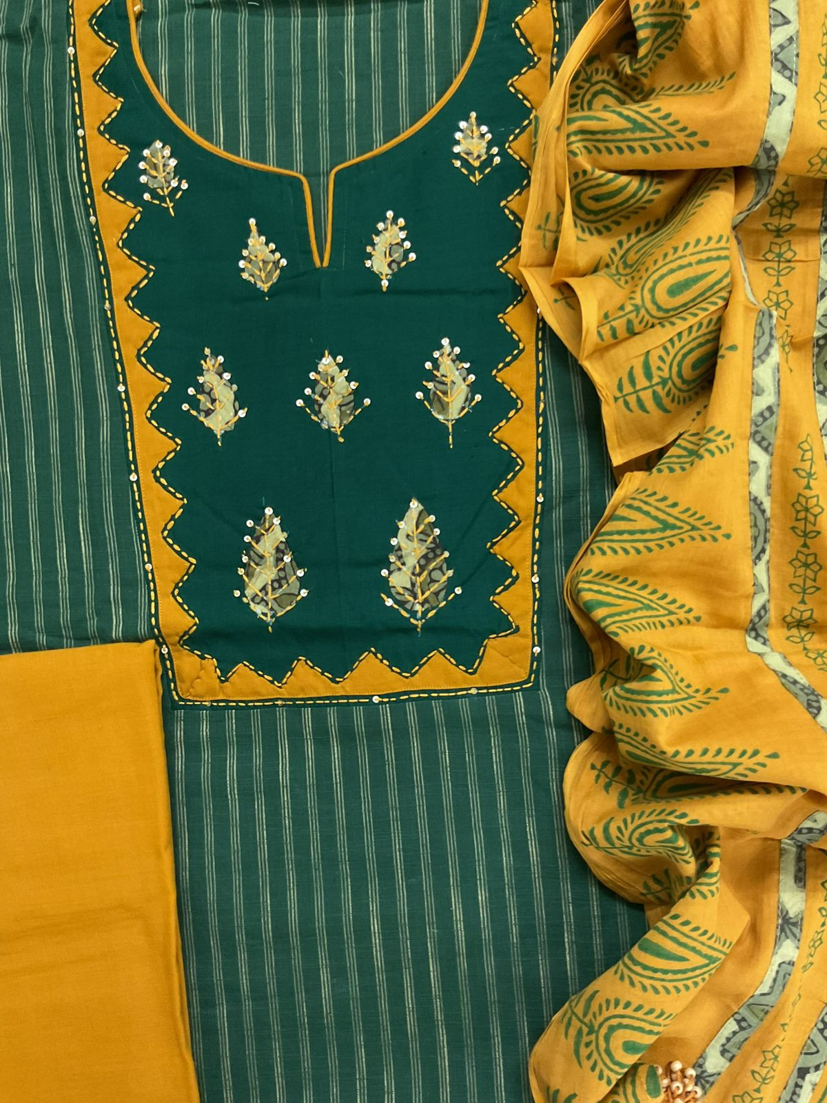 Pure Handloom Cotton Printed Embroidered Self Weaved Suit - Green