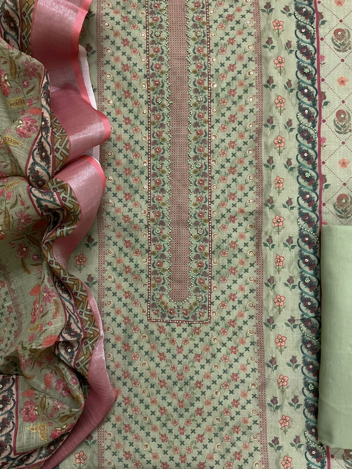 Soft Linen Jute Cotton Printed Embroidered Suit - Green