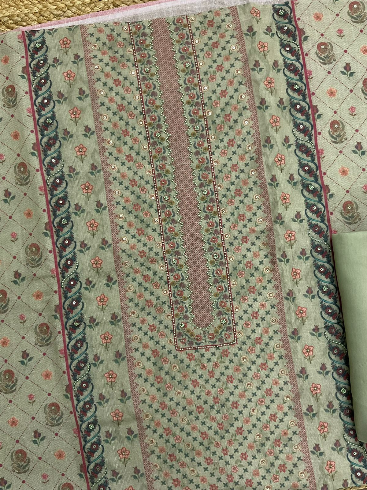 Soft Linen Jute Cotton Printed Embroidered Suit - Green