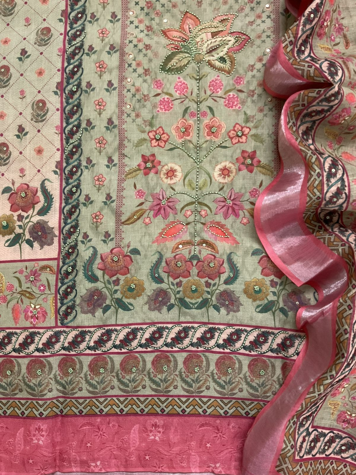 Soft Linen Jute Cotton Printed Embroidered Suit - Green