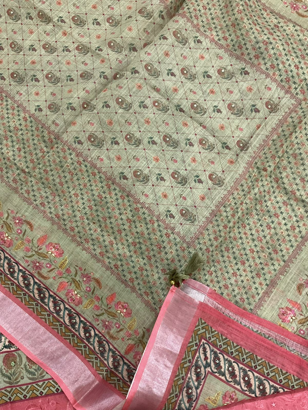 Soft Linen Jute Cotton Printed Embroidered Suit - Green