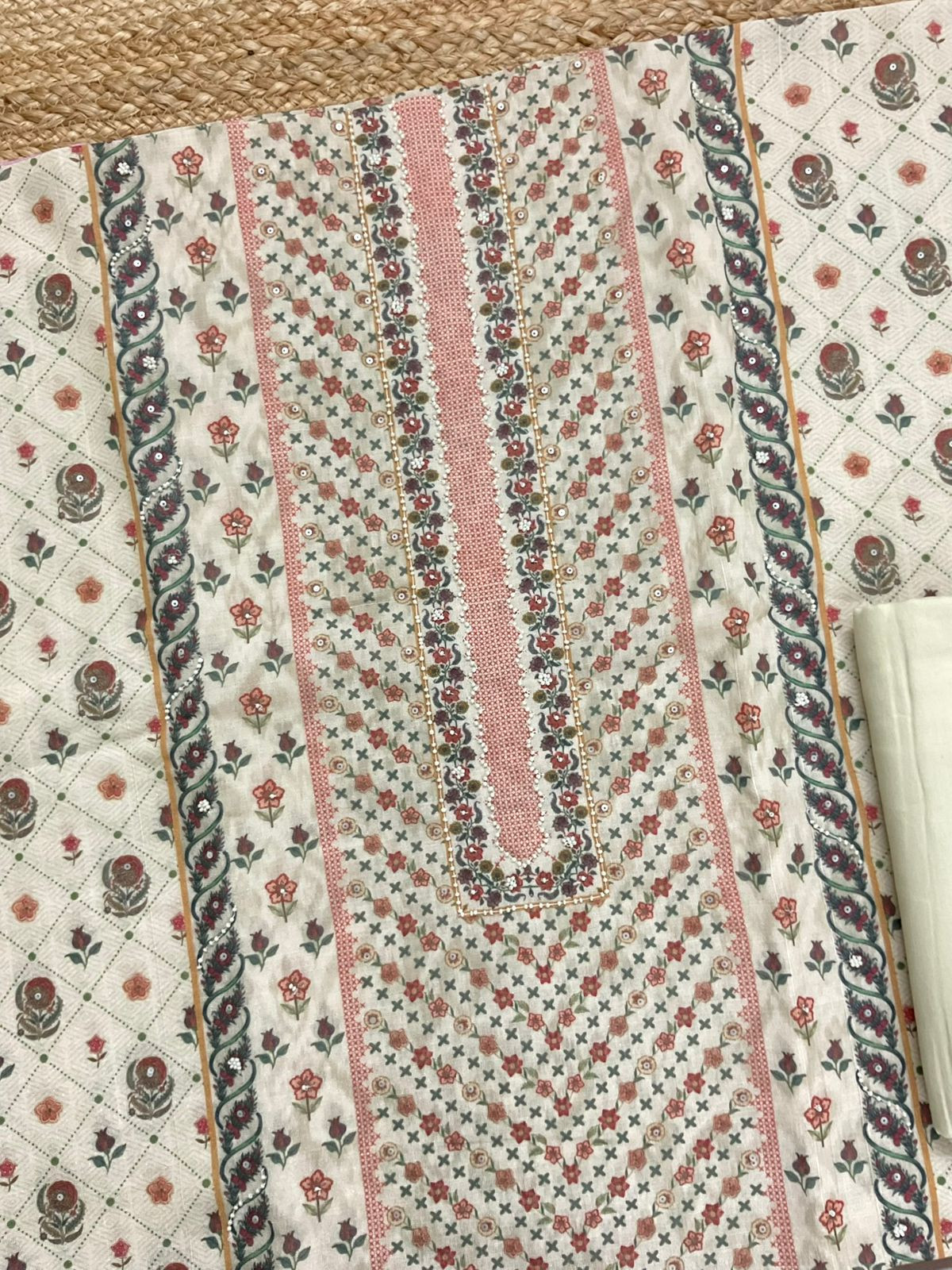 Soft Linen Jute Cotton Printed Embroidered Suit - Cream