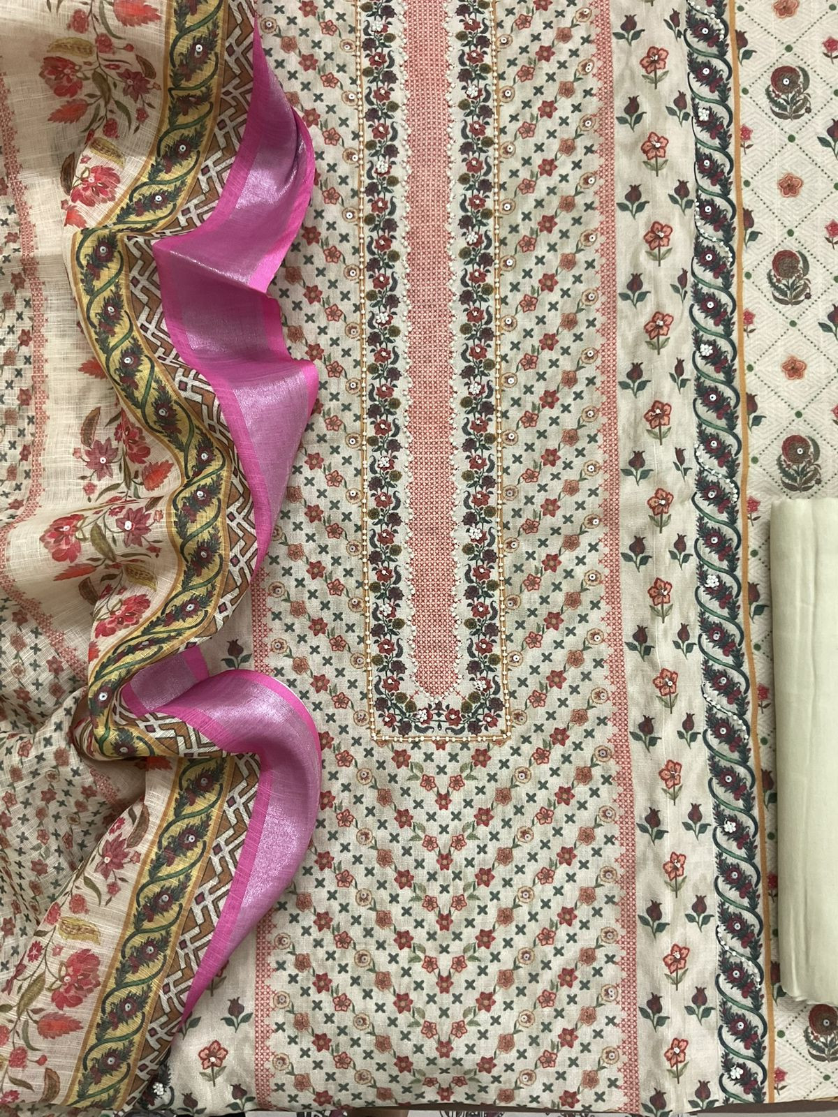 Soft Linen Jute Cotton Printed Embroidered Suit - Cream