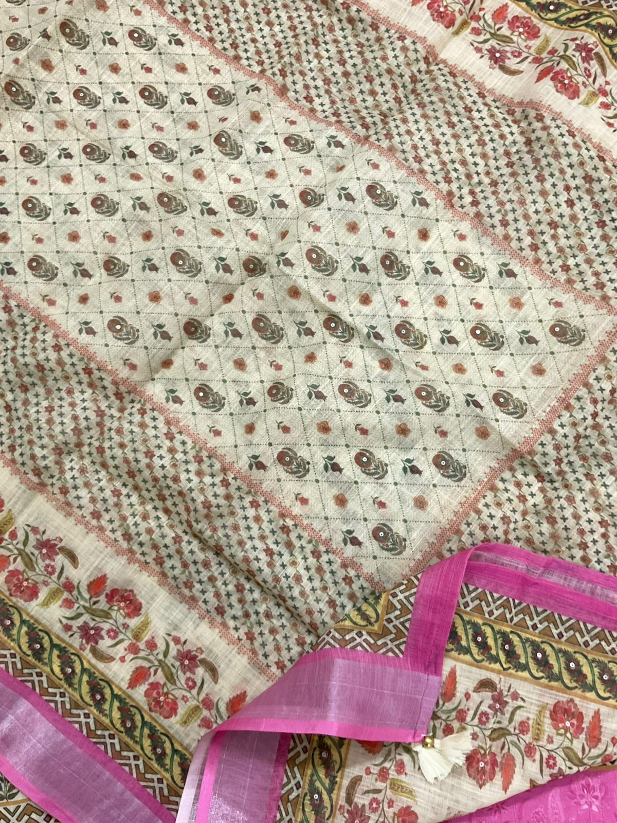 Soft Linen Jute Cotton Printed Embroidered Suit - Cream