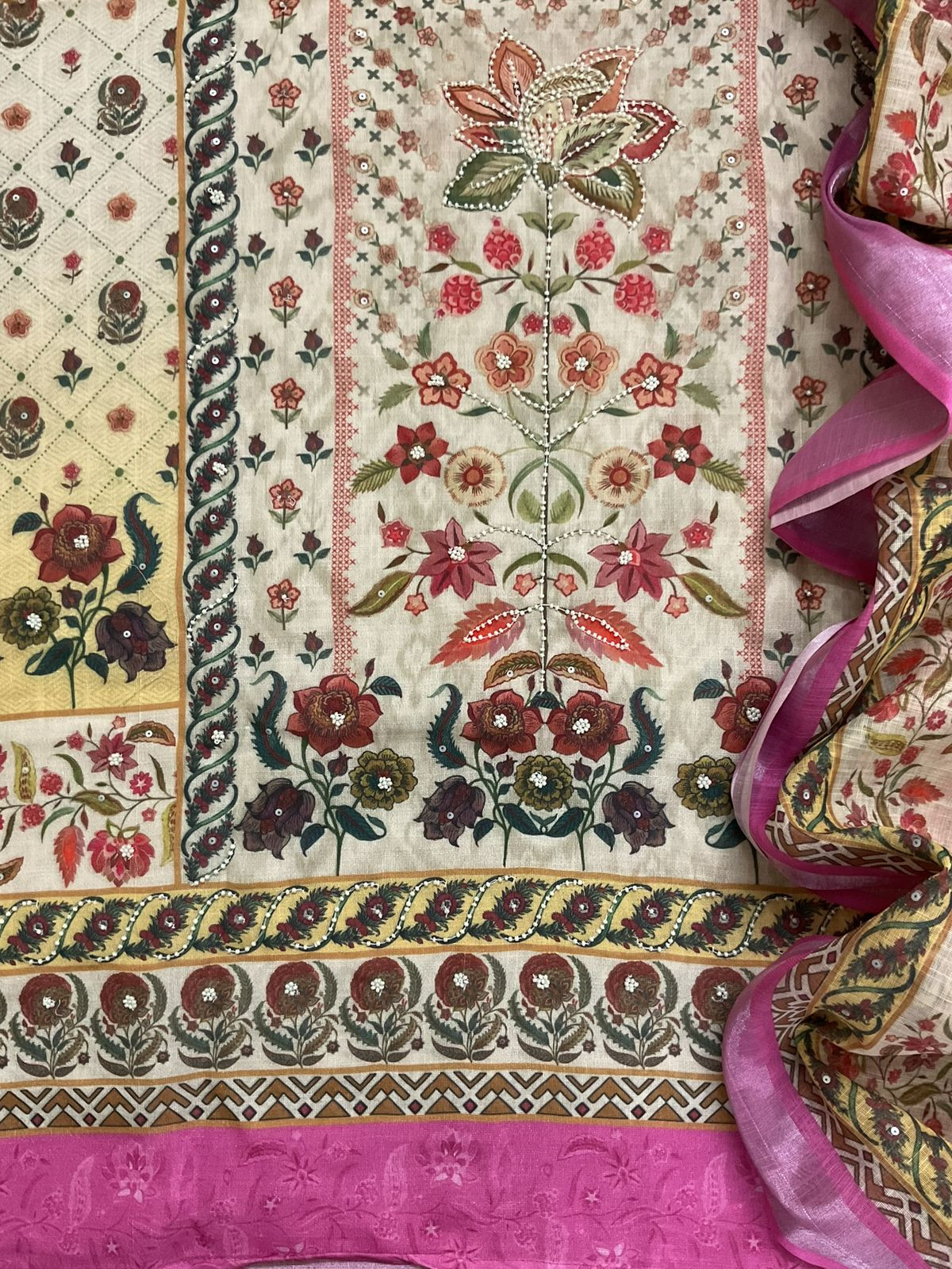 Soft Linen Jute Cotton Printed Embroidered Suit - Cream