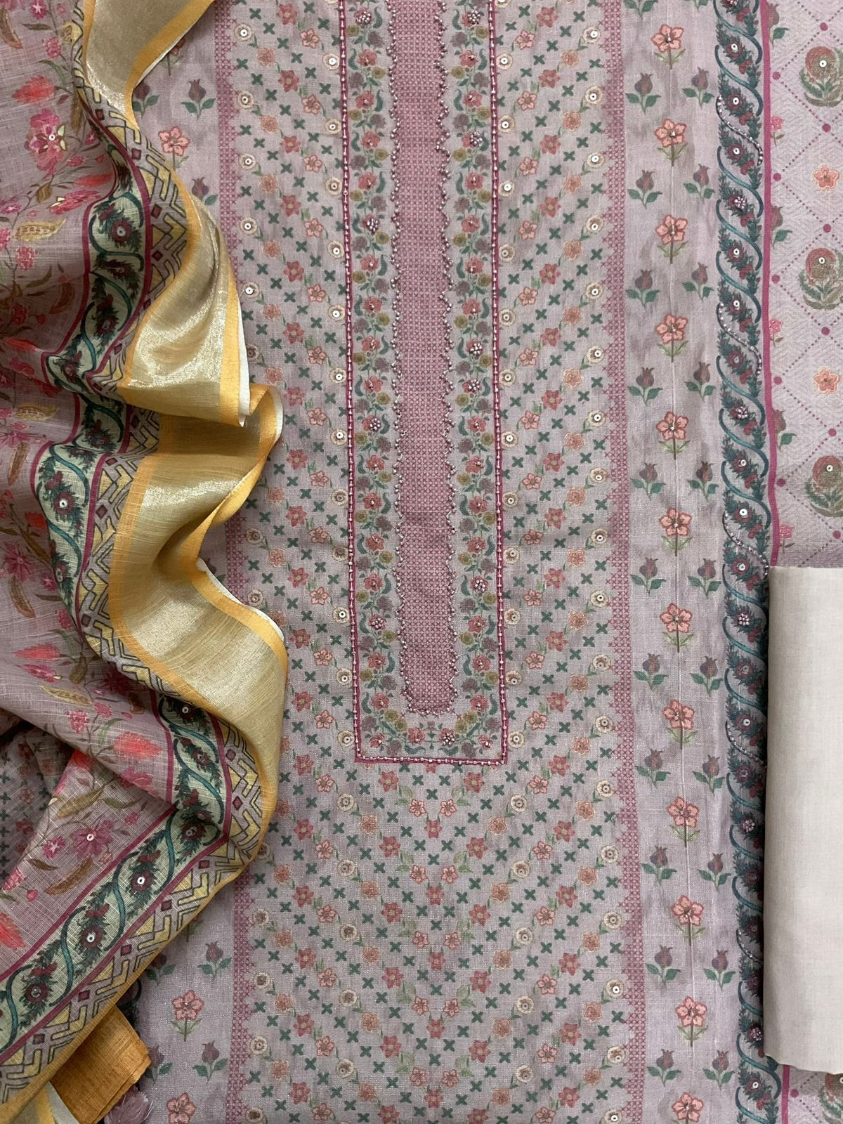 Soft Linen Jute Cotton Printed Embroidered Suit - Lilac