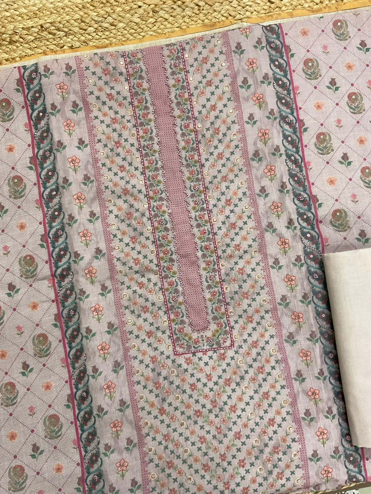 Soft Linen Jute Cotton Printed Embroidered Suit - Lilac