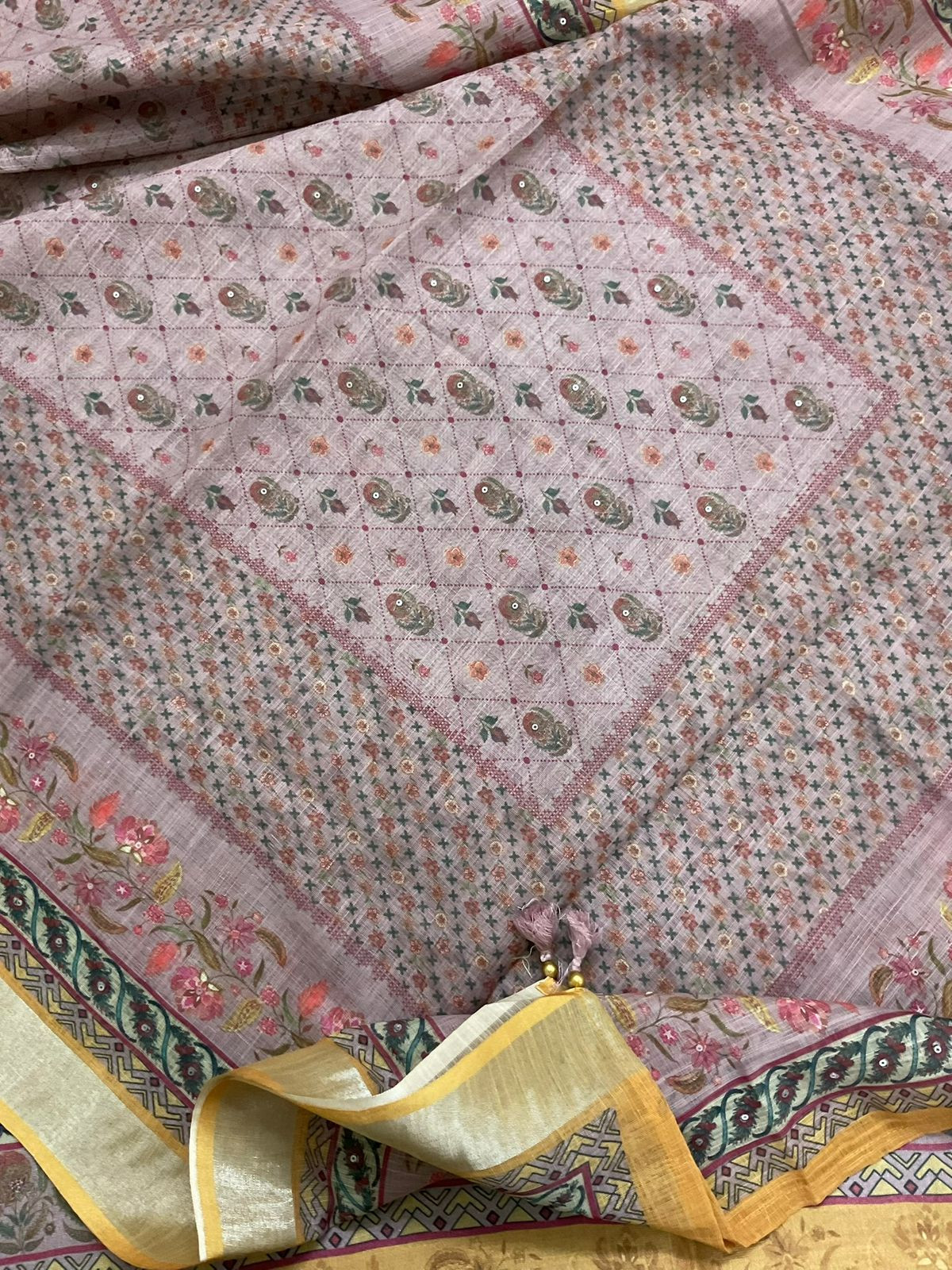 Soft Linen Jute Cotton Printed Embroidered Suit - Lilac