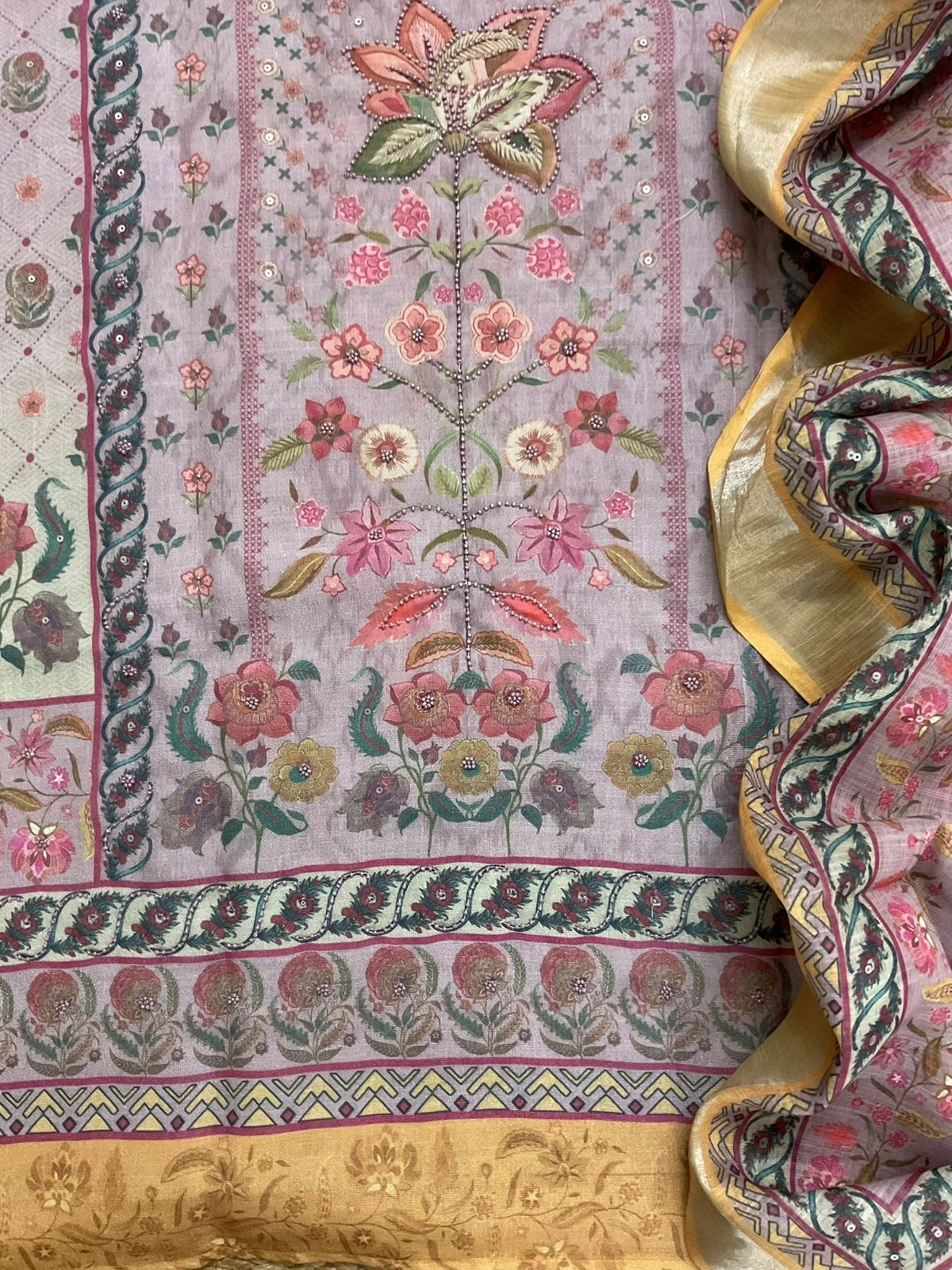 Soft Linen Jute Cotton Printed Embroidered Suit - Lilac