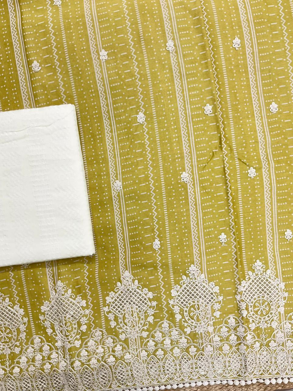 Pure Fine Maheshwari Printed Embroidered Suit - Lime Yellow