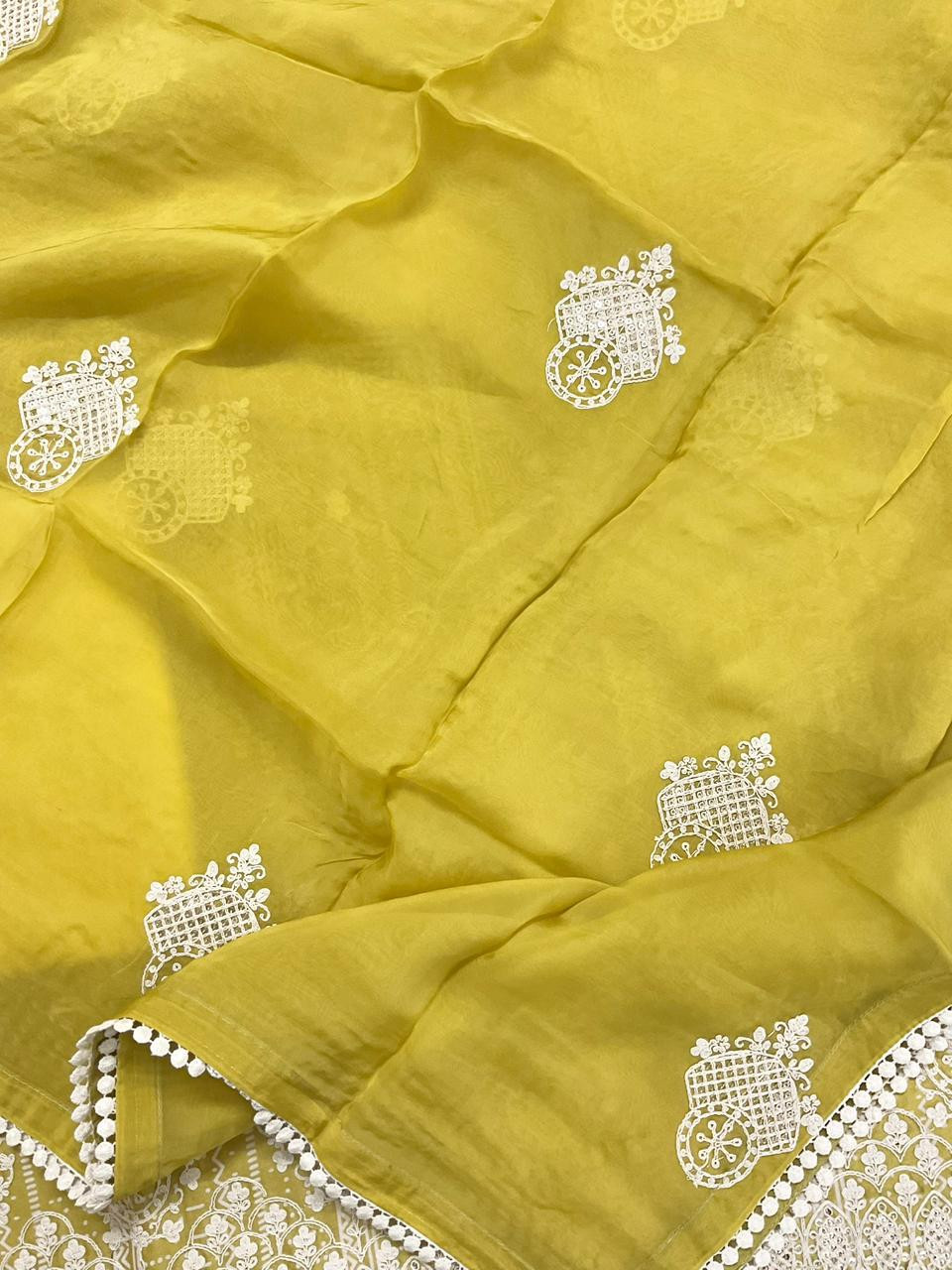 Pure Fine Maheshwari Printed Embroidered Suit - Lime Yellow