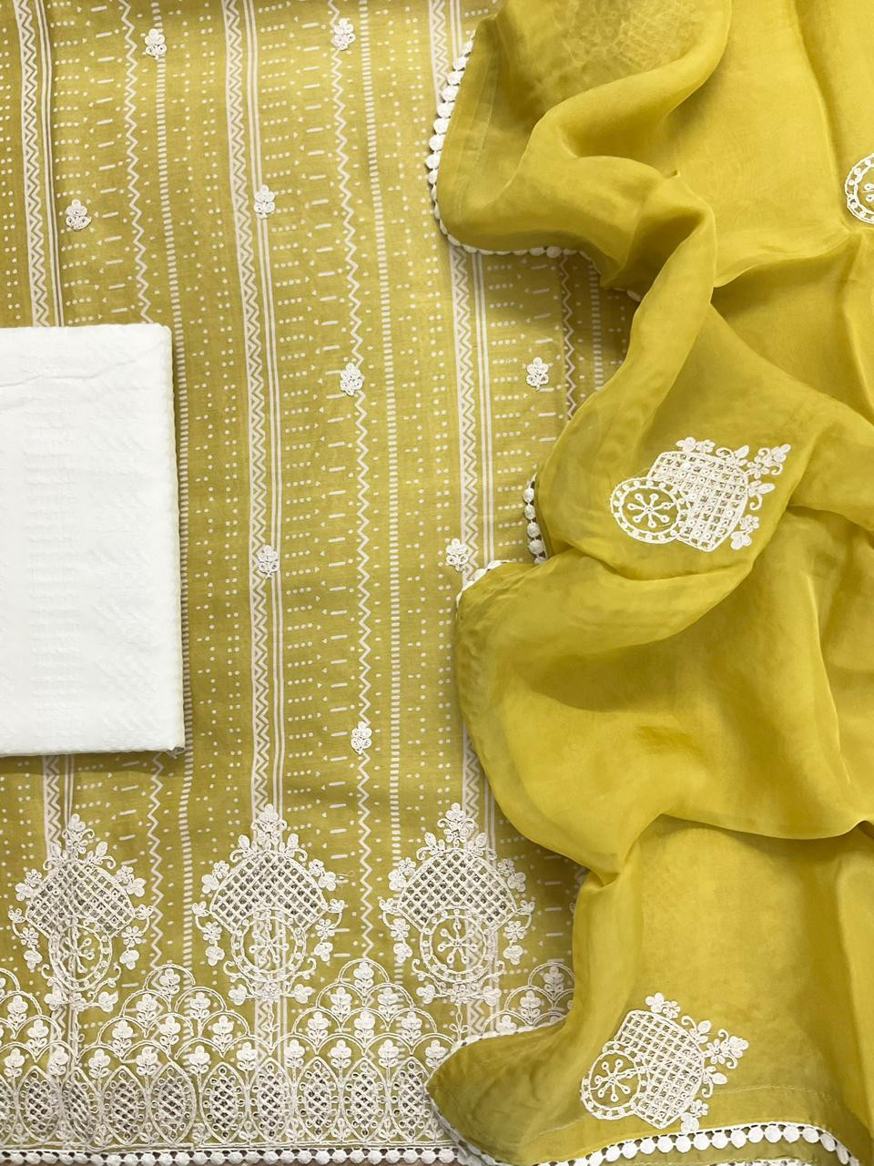 Pure Fine Maheshwari Printed Embroidered Suit - Lime Yellow