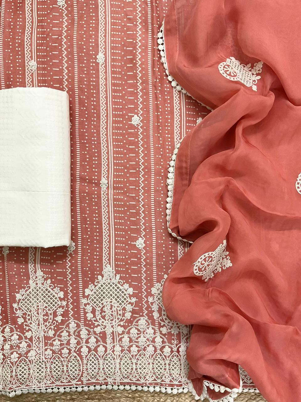 Pure Fine Maheshwari Printed Embroidered Suit - Orange