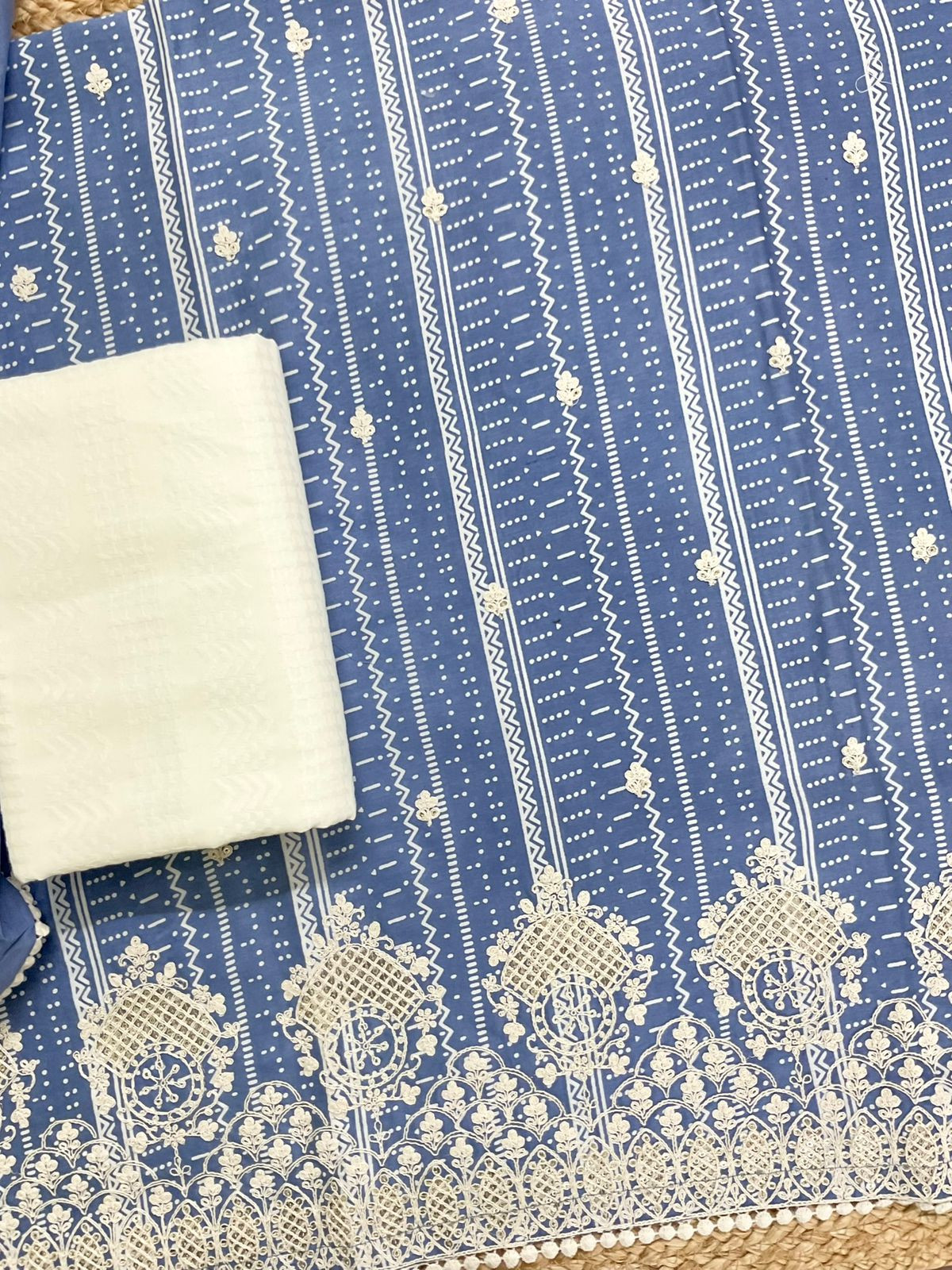 Pure Fine Maheshwari Printed Embroidered Suit - Blue