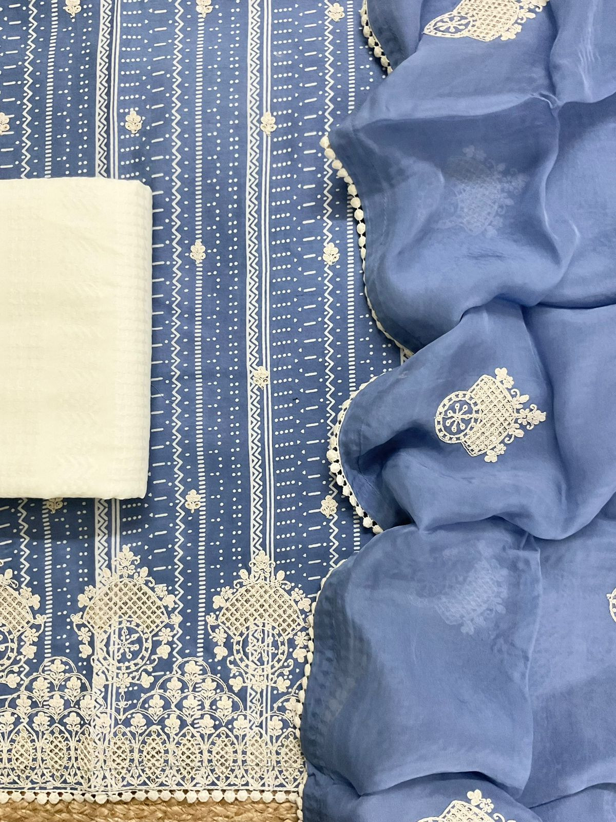 Pure Fine Maheshwari Printed Embroidered Suit - Blue