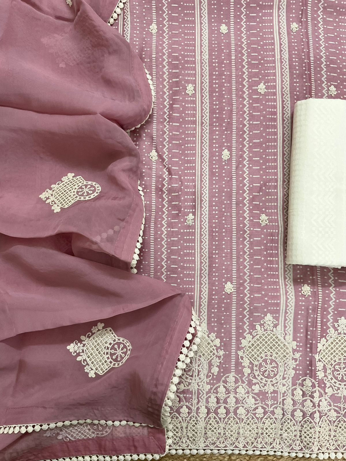 Pure Fine Maheshwari Printed Embroidered Suit - Lilac