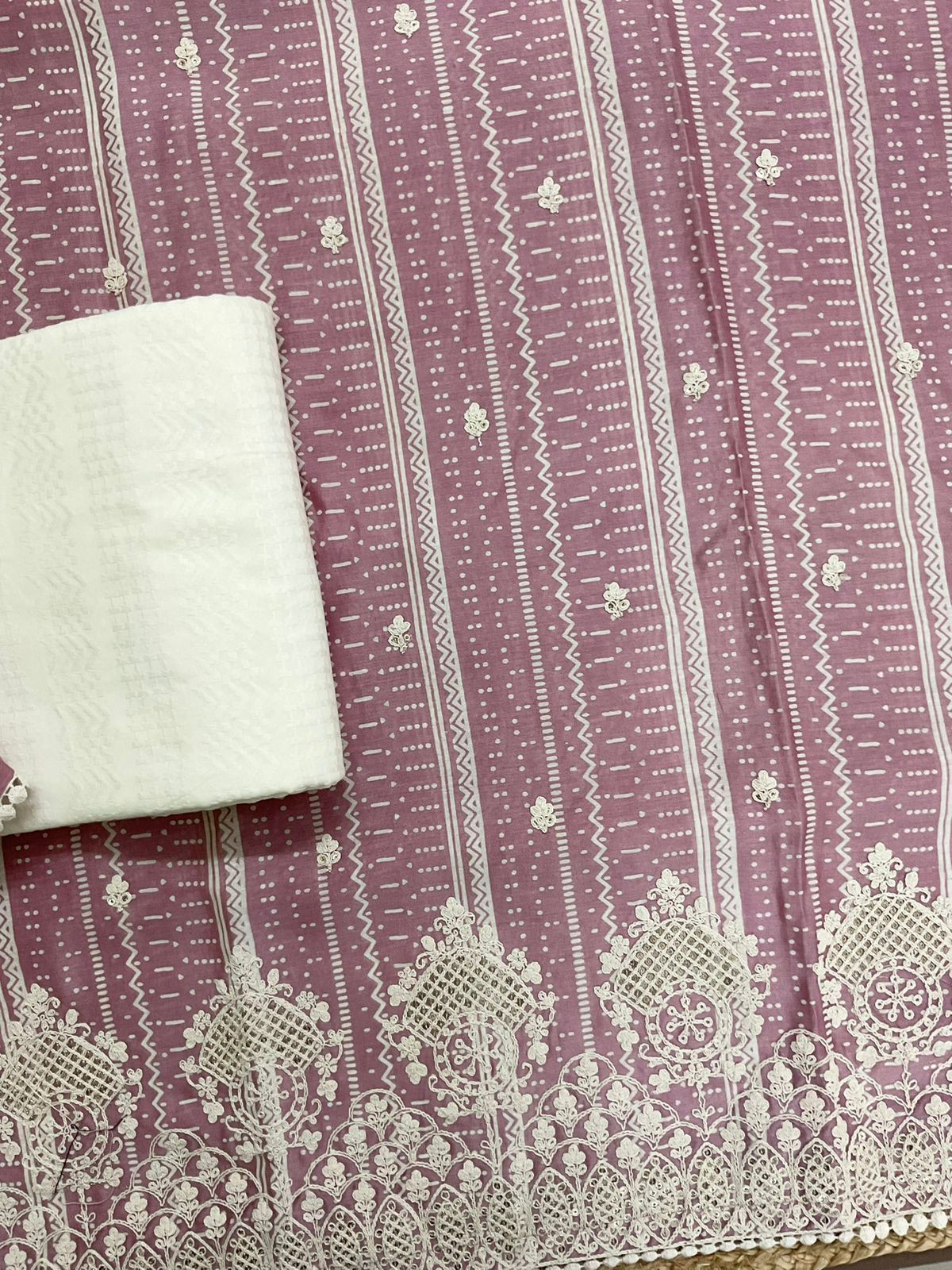 Pure Fine Maheshwari Printed Embroidered Suit - Lilac