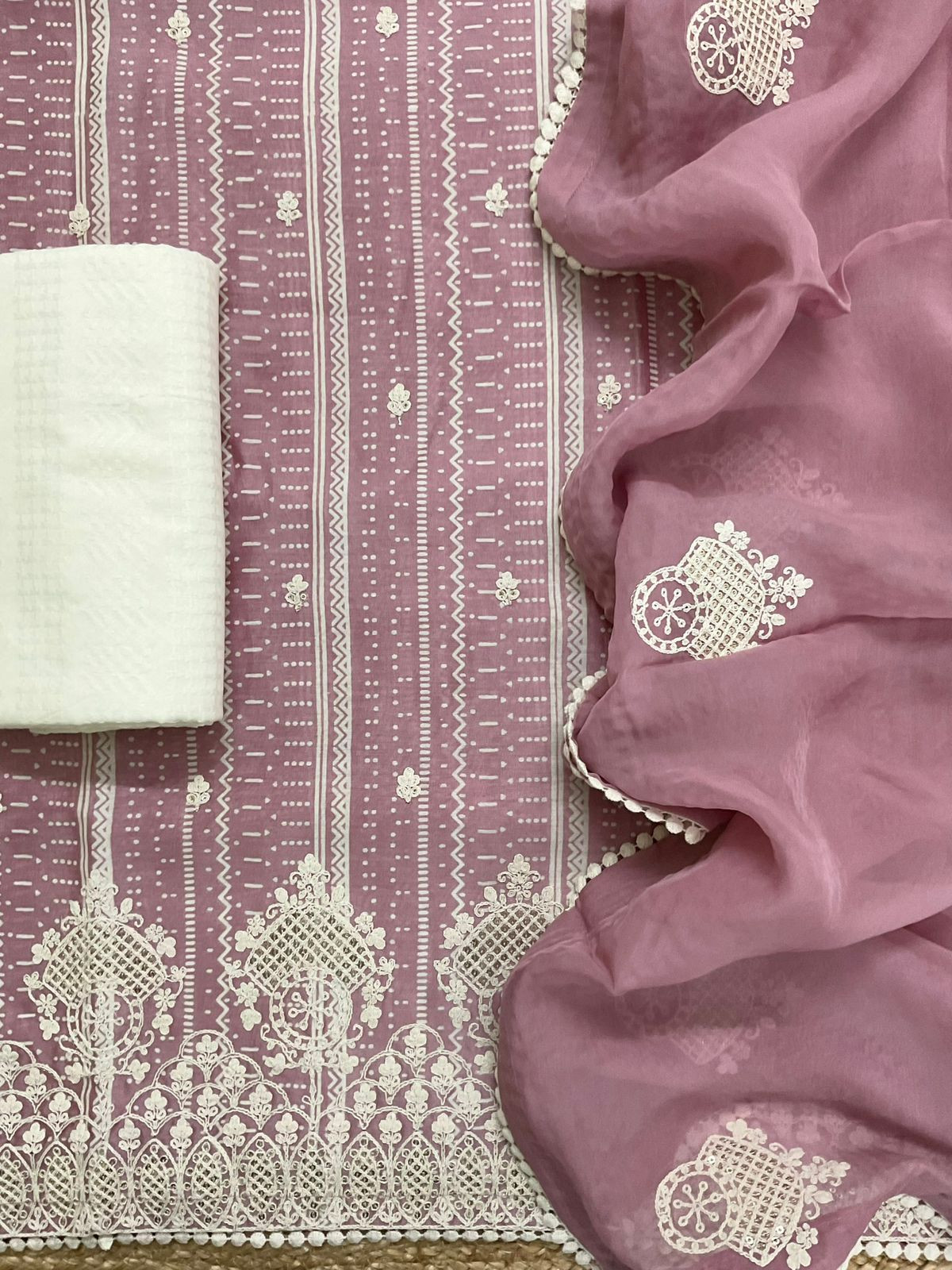 Pure Fine Maheshwari Printed Embroidered Suit - Lilac