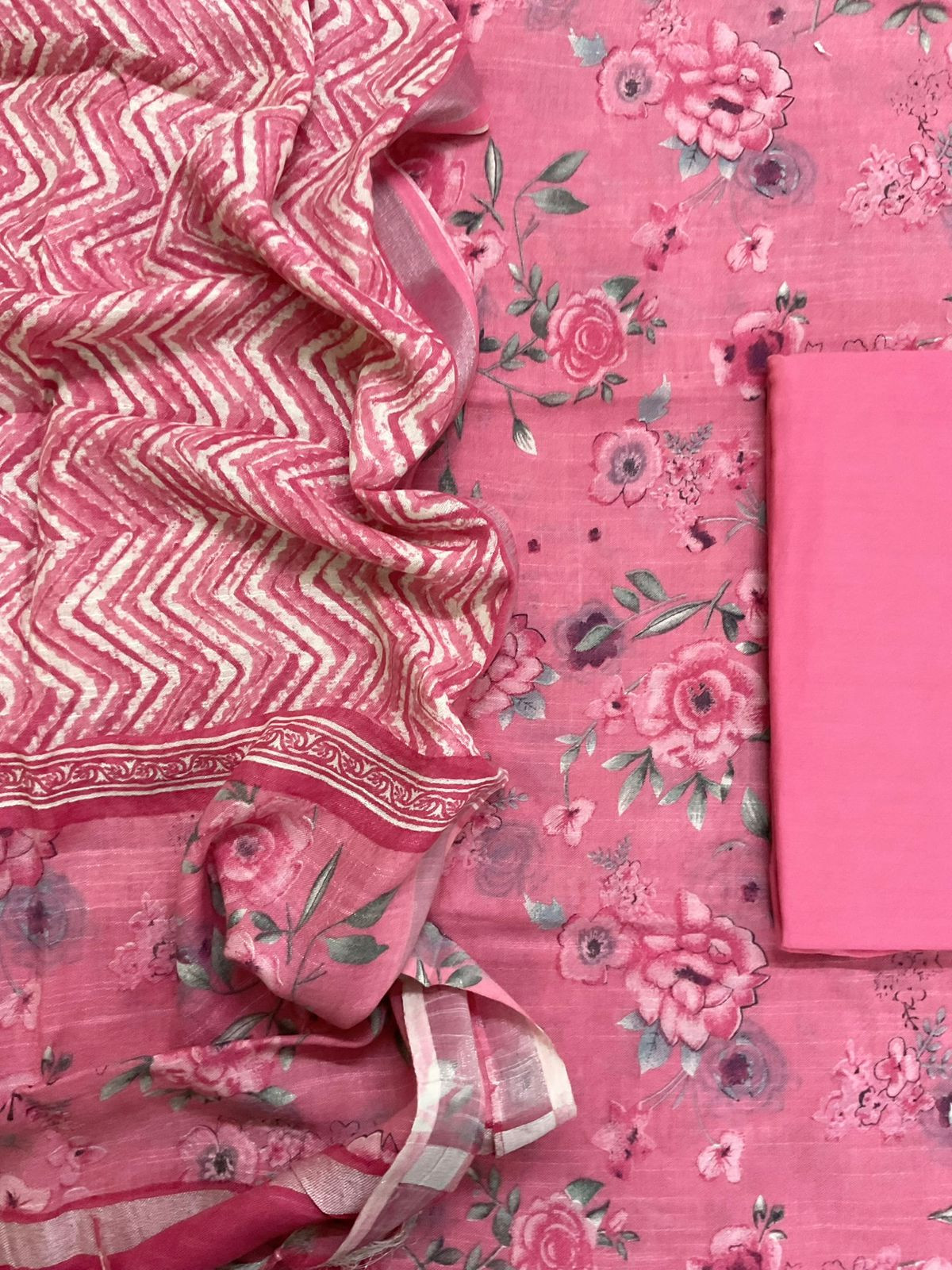 Pure Linen Jute Cotton Silk Printed Suit - Pink