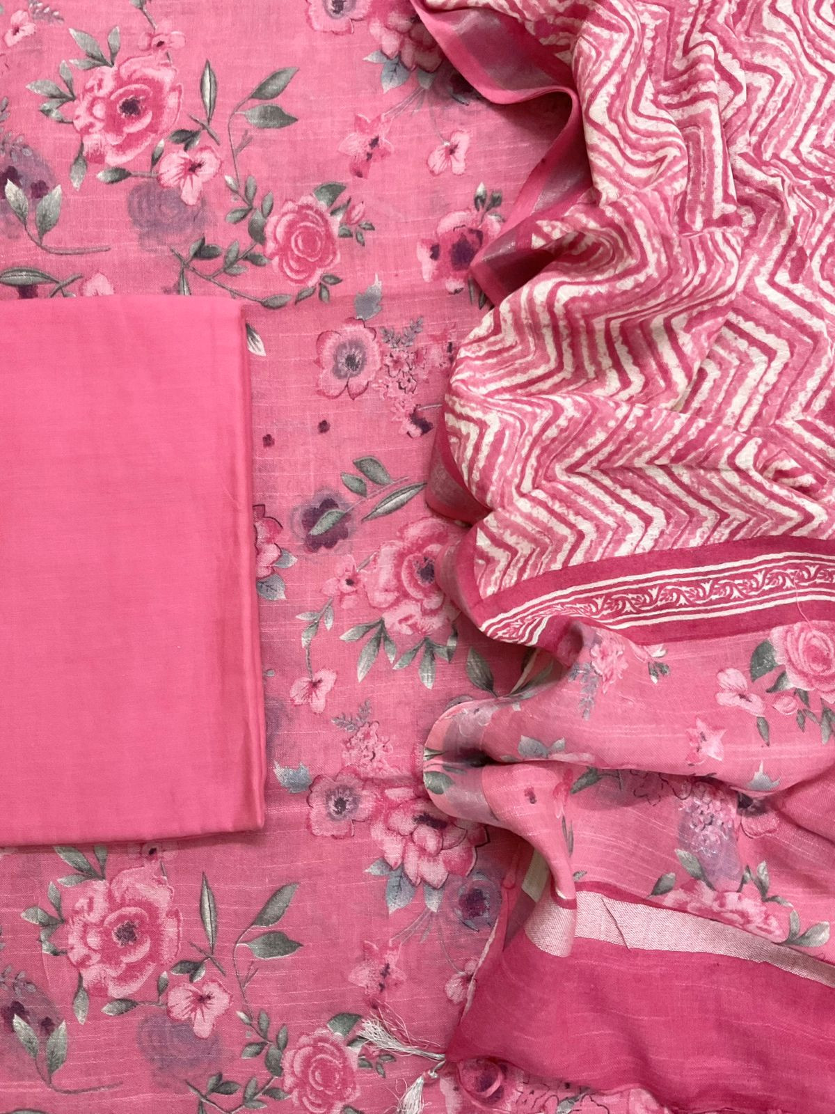 Pure Linen Jute Cotton Silk Printed Suit - Pink