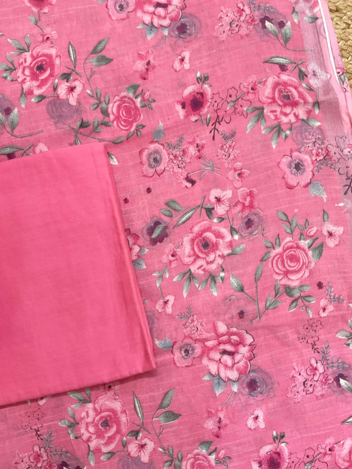 Pure Linen Jute Cotton Silk Printed Suit - Pink