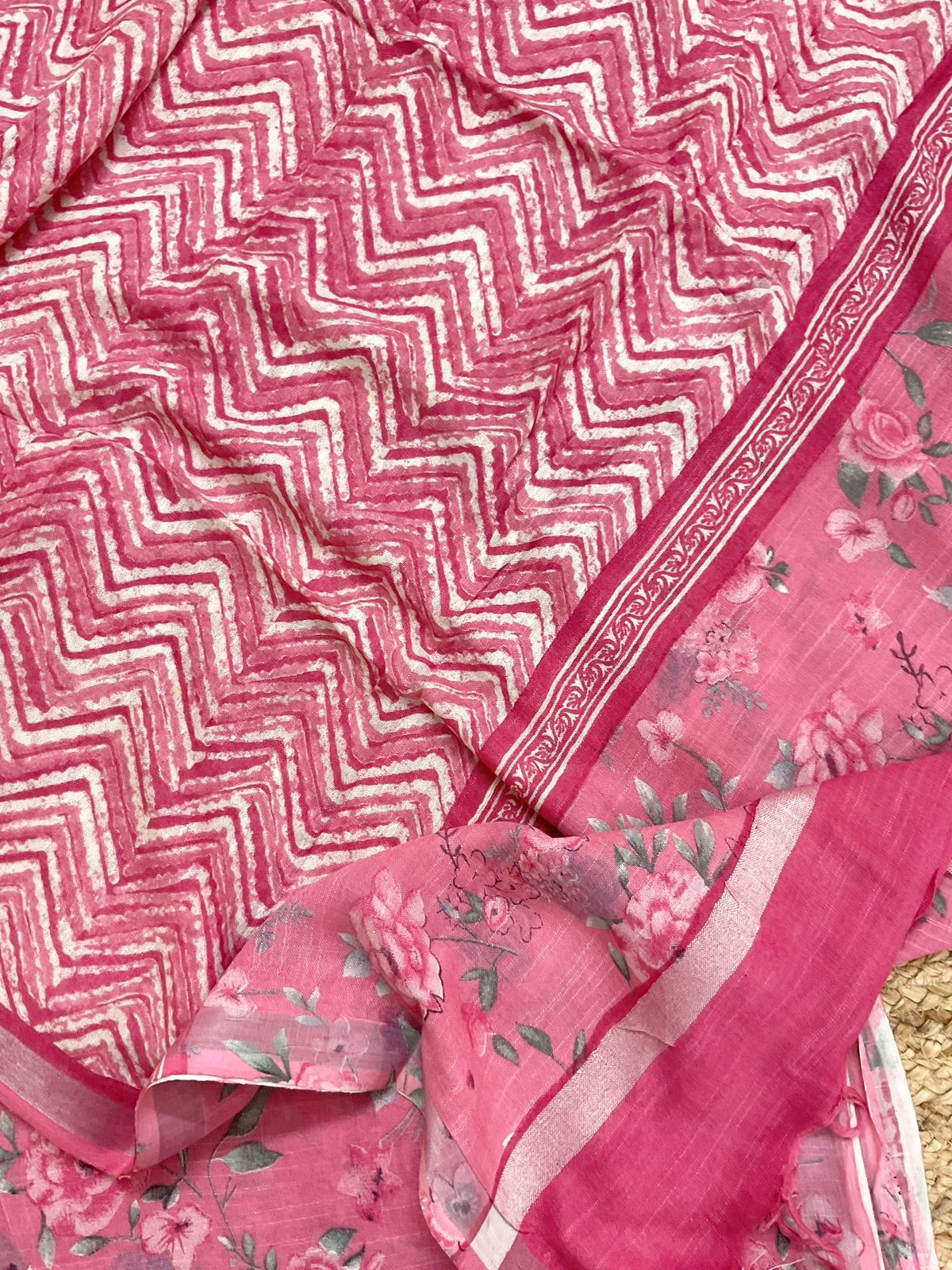 Pure Linen Jute Cotton Silk Printed Suit - Pink