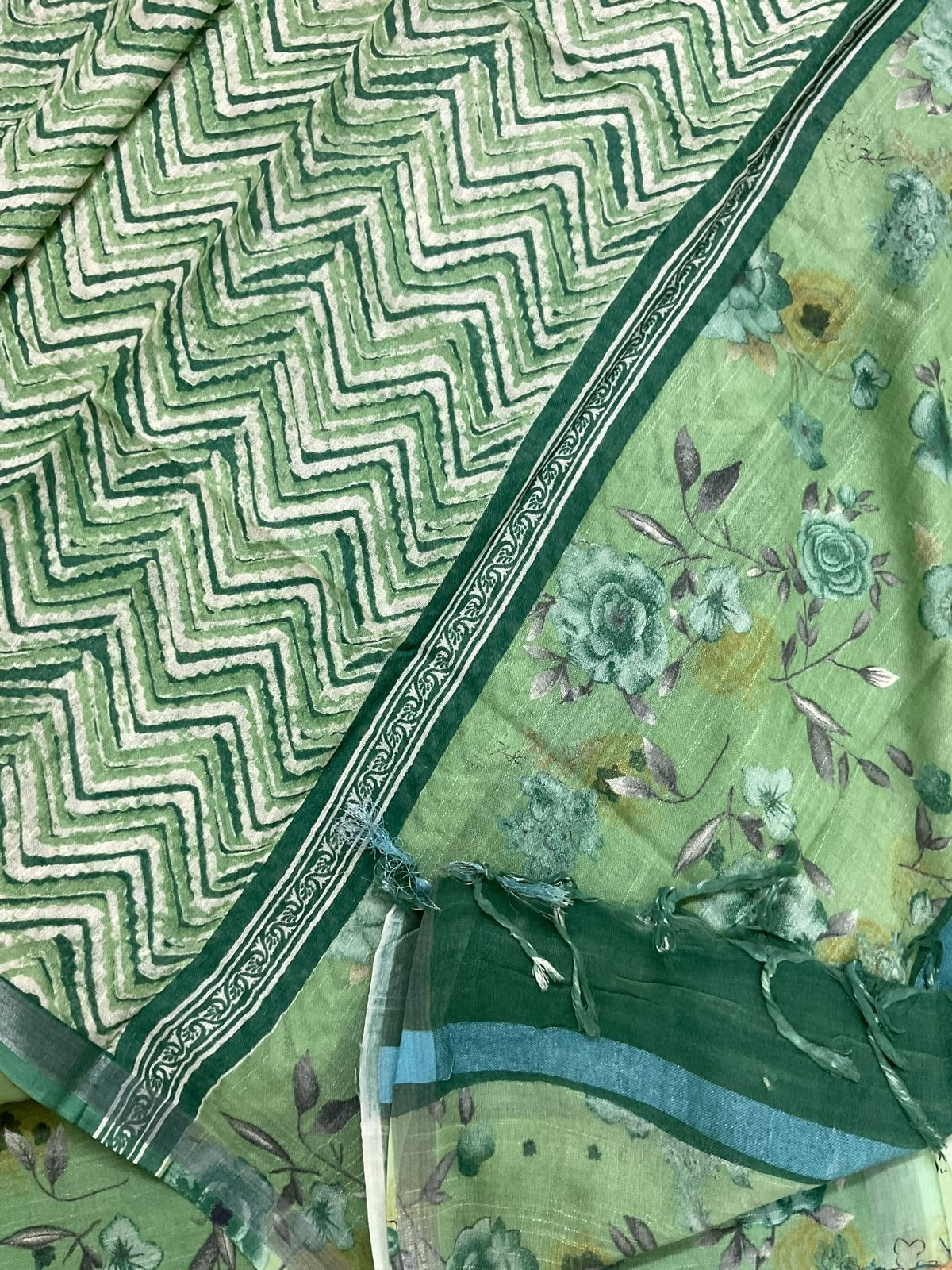 Pure Linen Jute Cotton Silk Printed Suit - Green