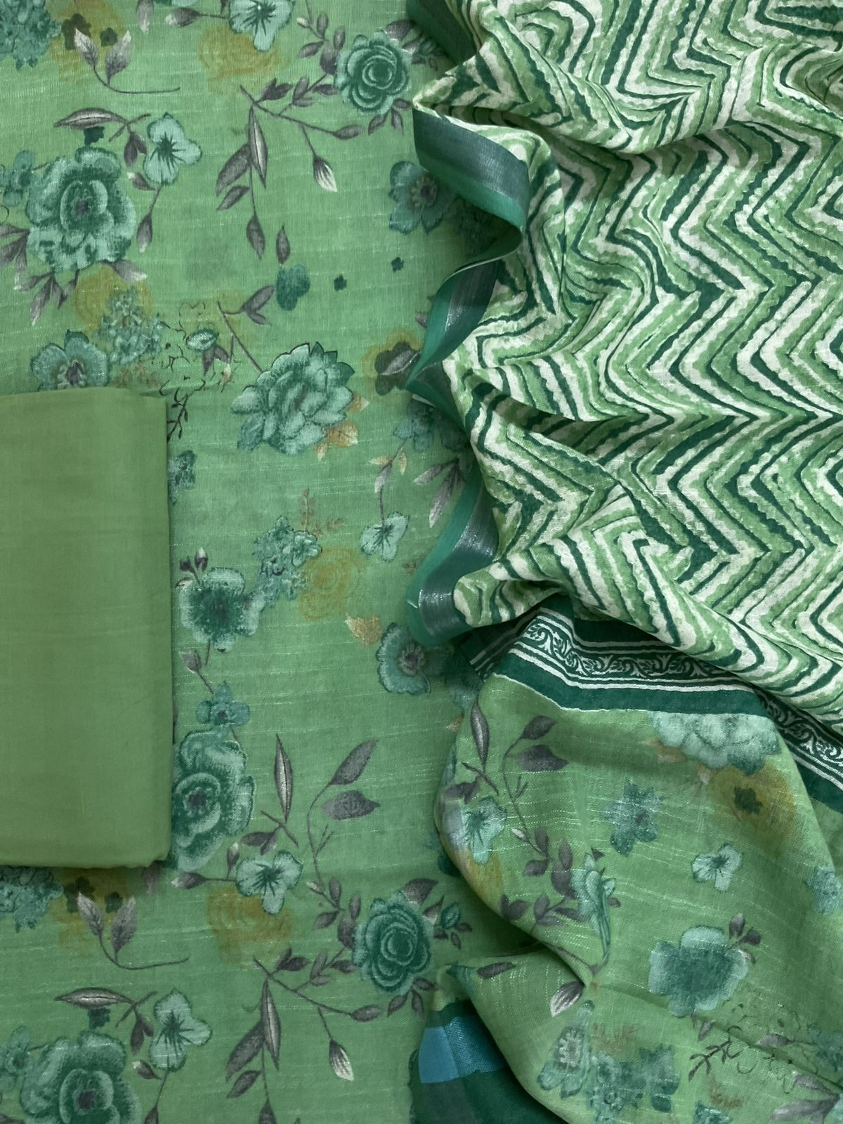 Pure Linen Jute Cotton Silk Printed Suit - Green