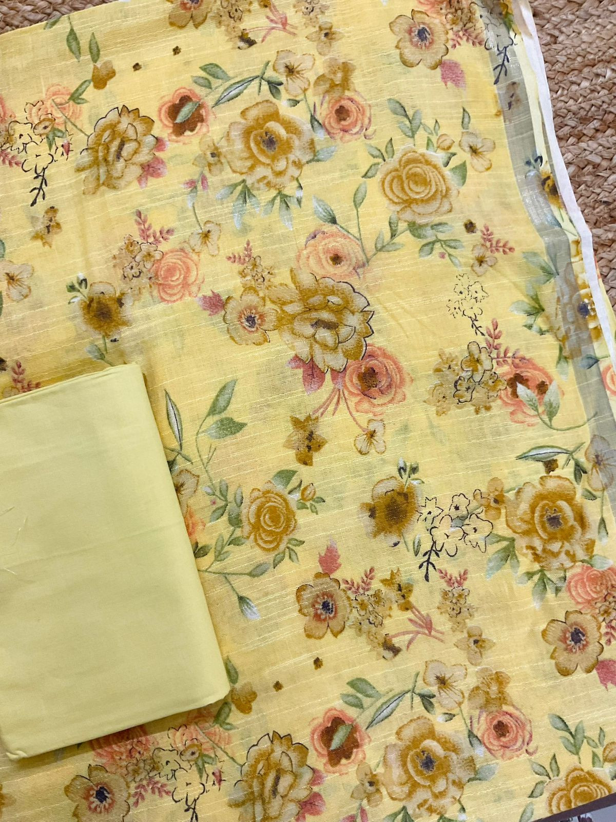 Pure Linen Jute Cotton Silk Printed Suit - Yellow