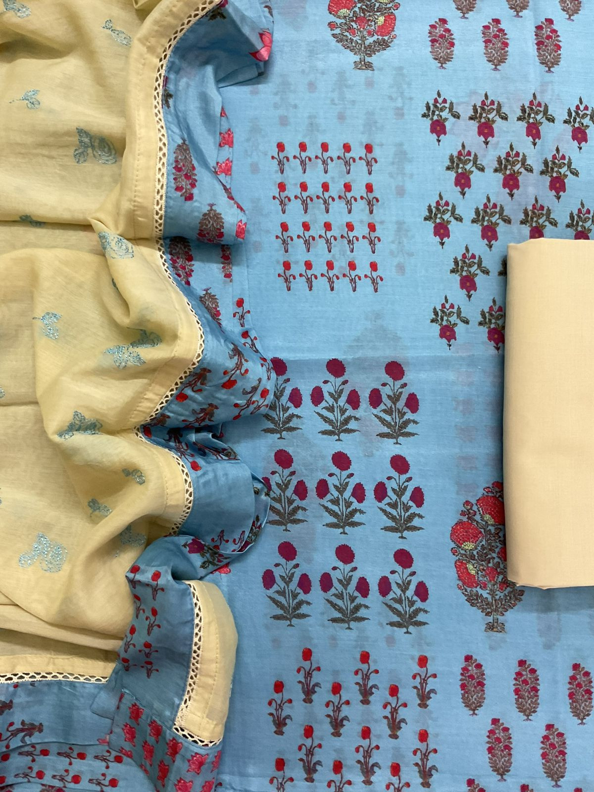 Pure Muslin Printed Embroidered Suit - Blue