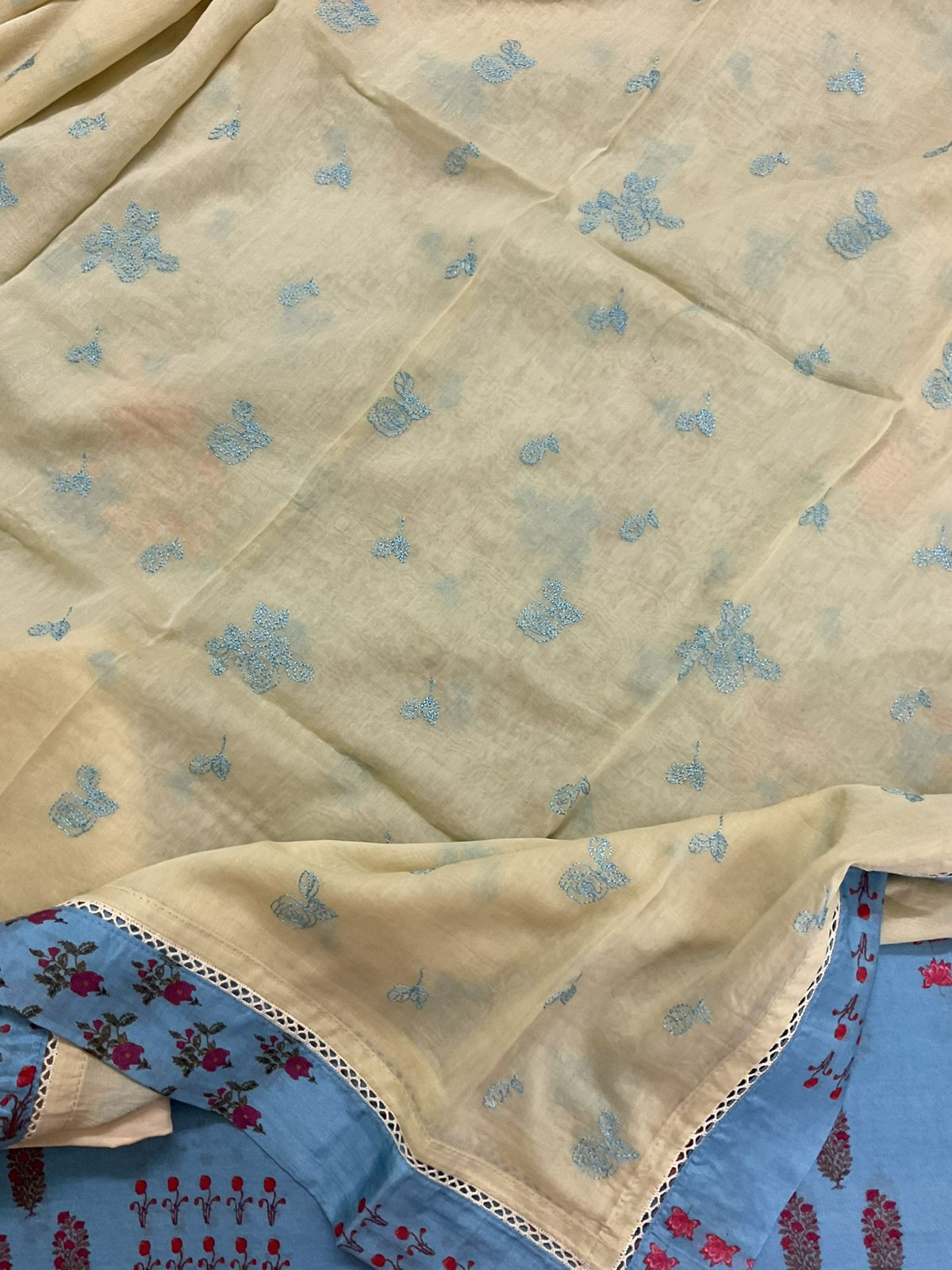 Pure Muslin Printed Embroidered Suit - Blue