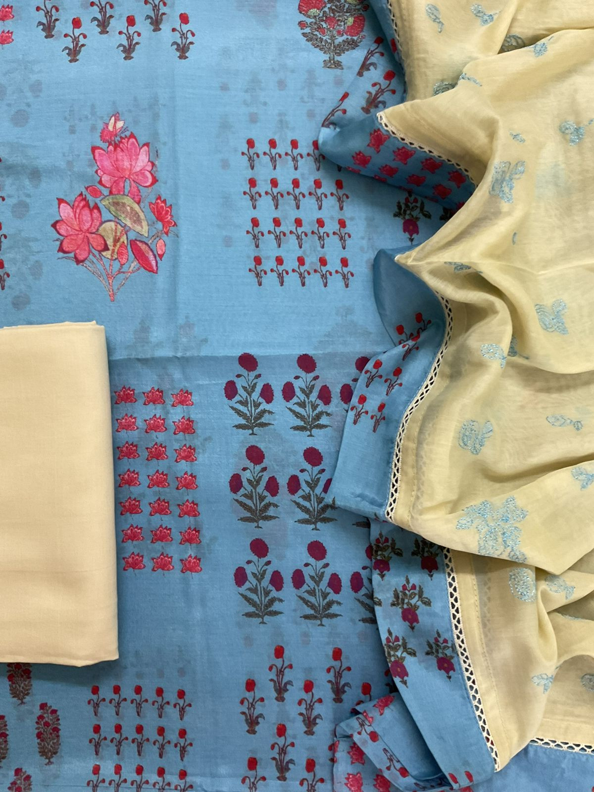 Pure Muslin Printed Embroidered Suit - Blue
