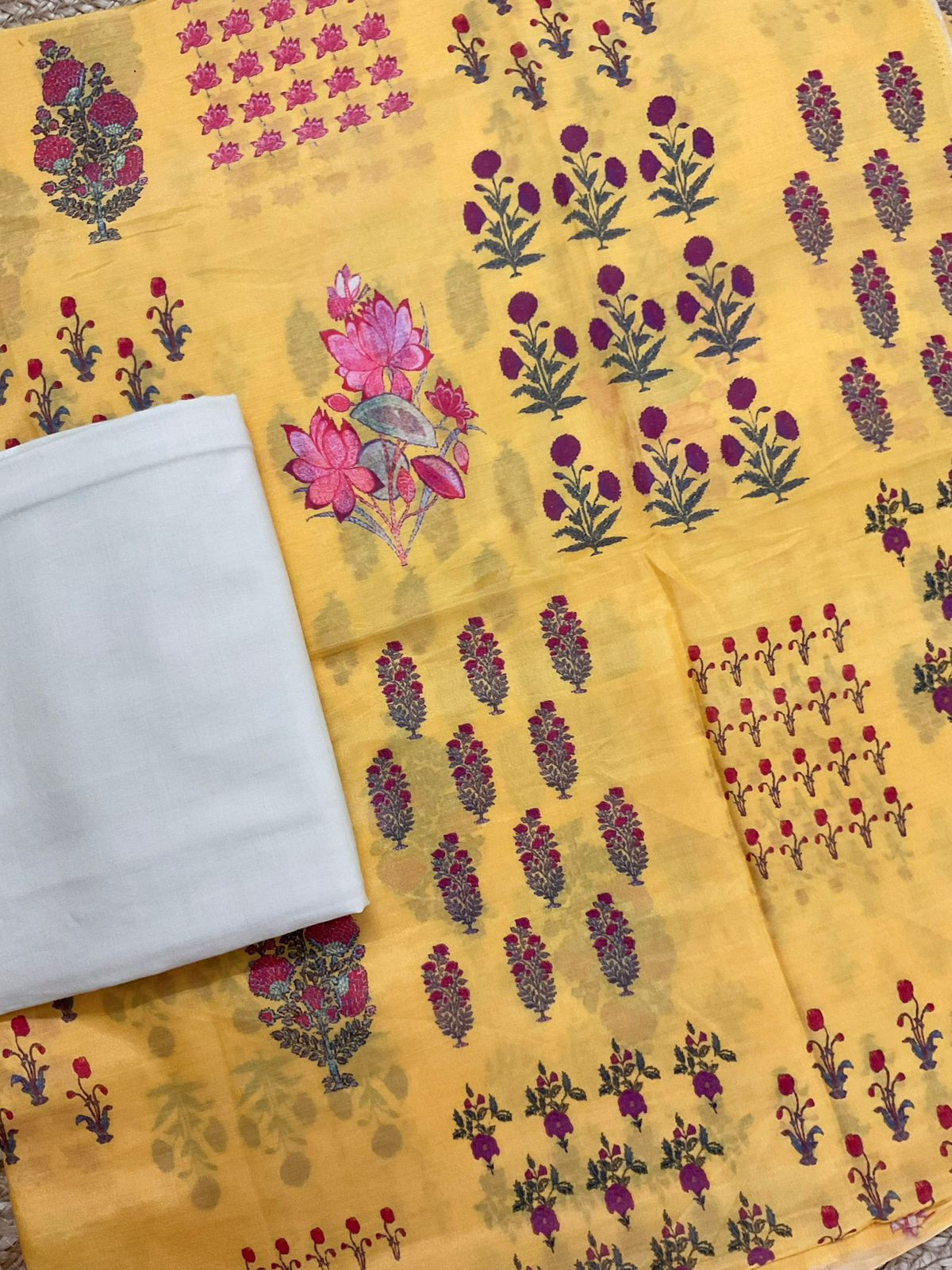 Pure Muslin Printed Embroidered Suit - Yellow