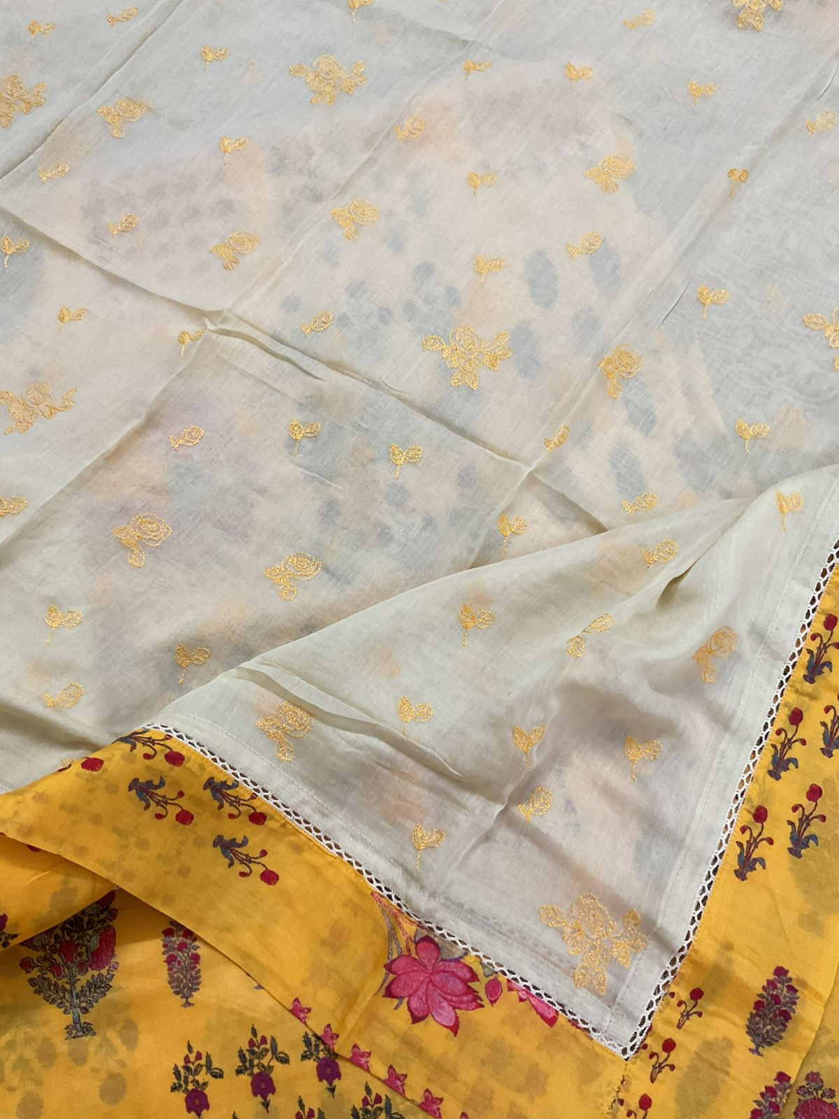 Pure Muslin Printed Embroidered Suit - Yellow