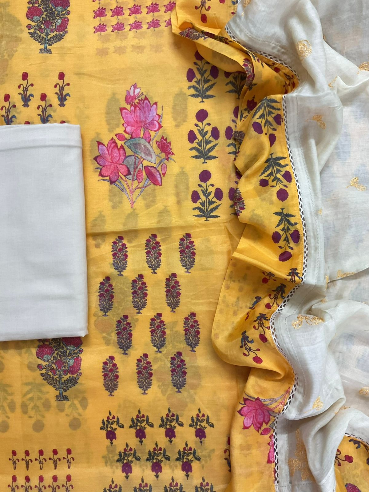 Pure Muslin Printed Embroidered Suit - Yellow