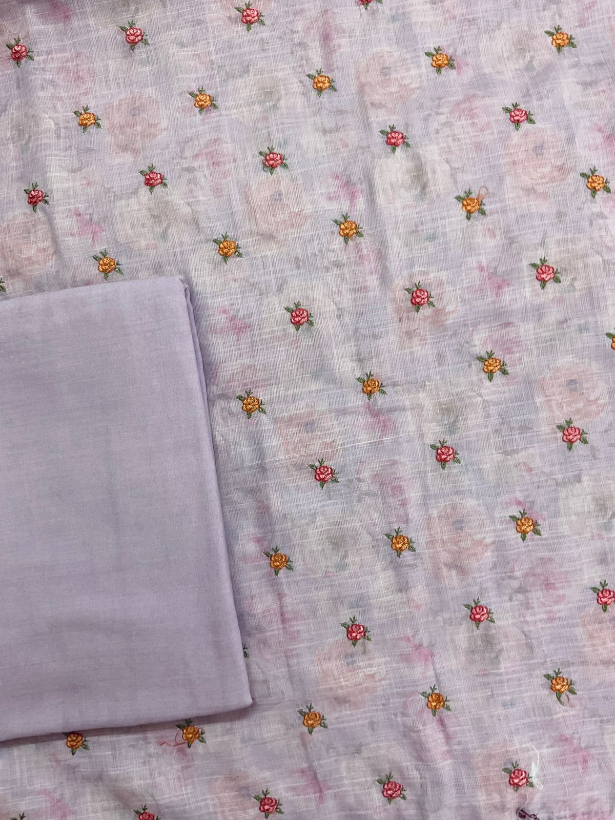 Soft Linen Jute Cotton Printed Embroidered Suit - Lavender