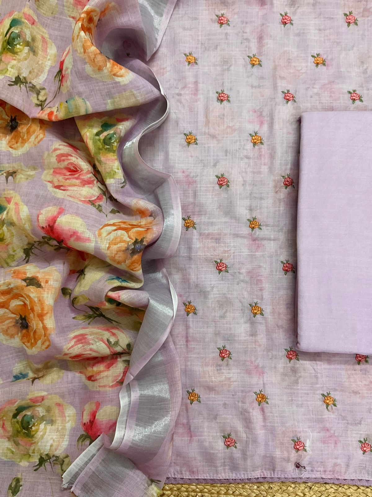 Soft Linen Jute Cotton Printed Embroidered Suit - Lavender