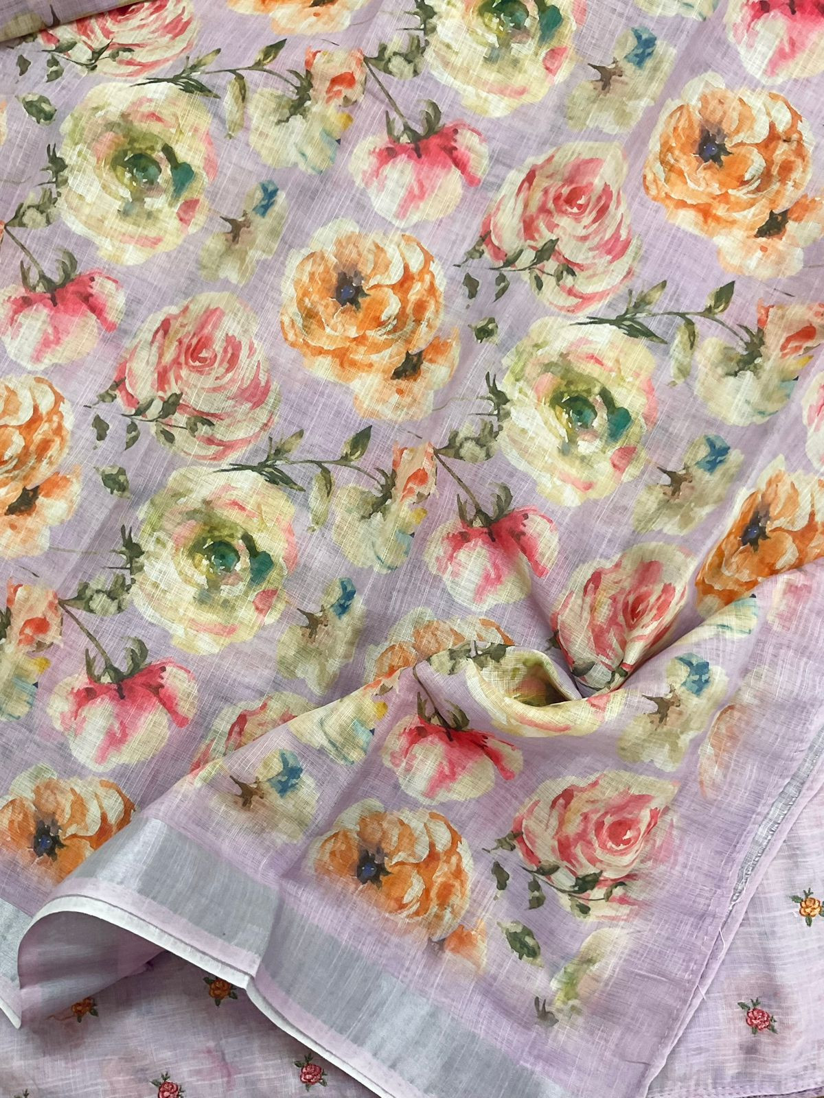 Soft Linen Jute Cotton Printed Embroidered Suit - Lavender