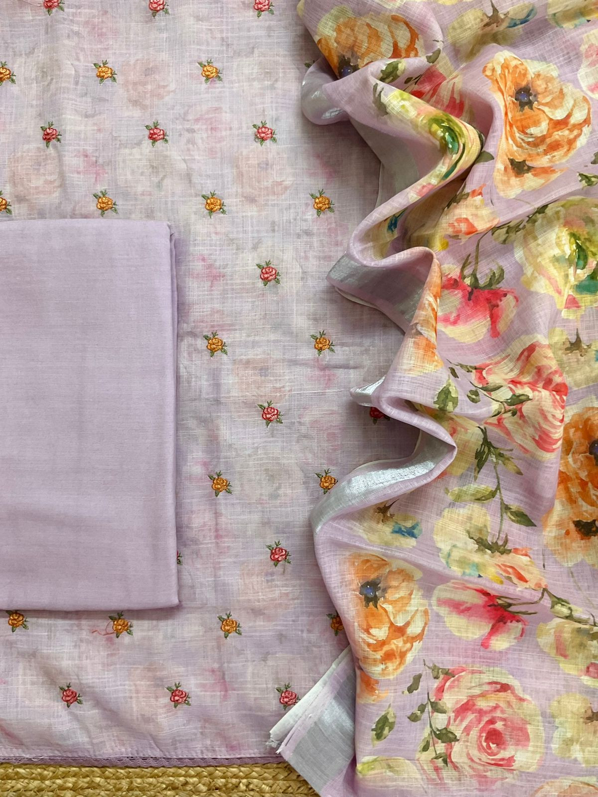 Soft Linen Jute Cotton Printed Embroidered Suit - Lavender