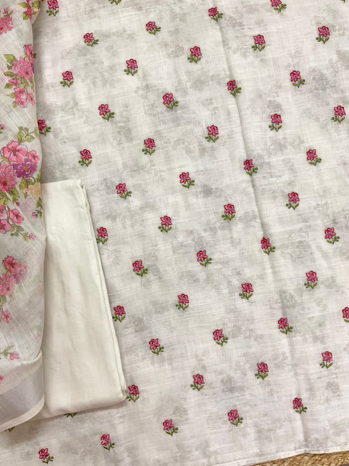 Soft Linen Jute Cotton Printed Embroidered Suit - Off White