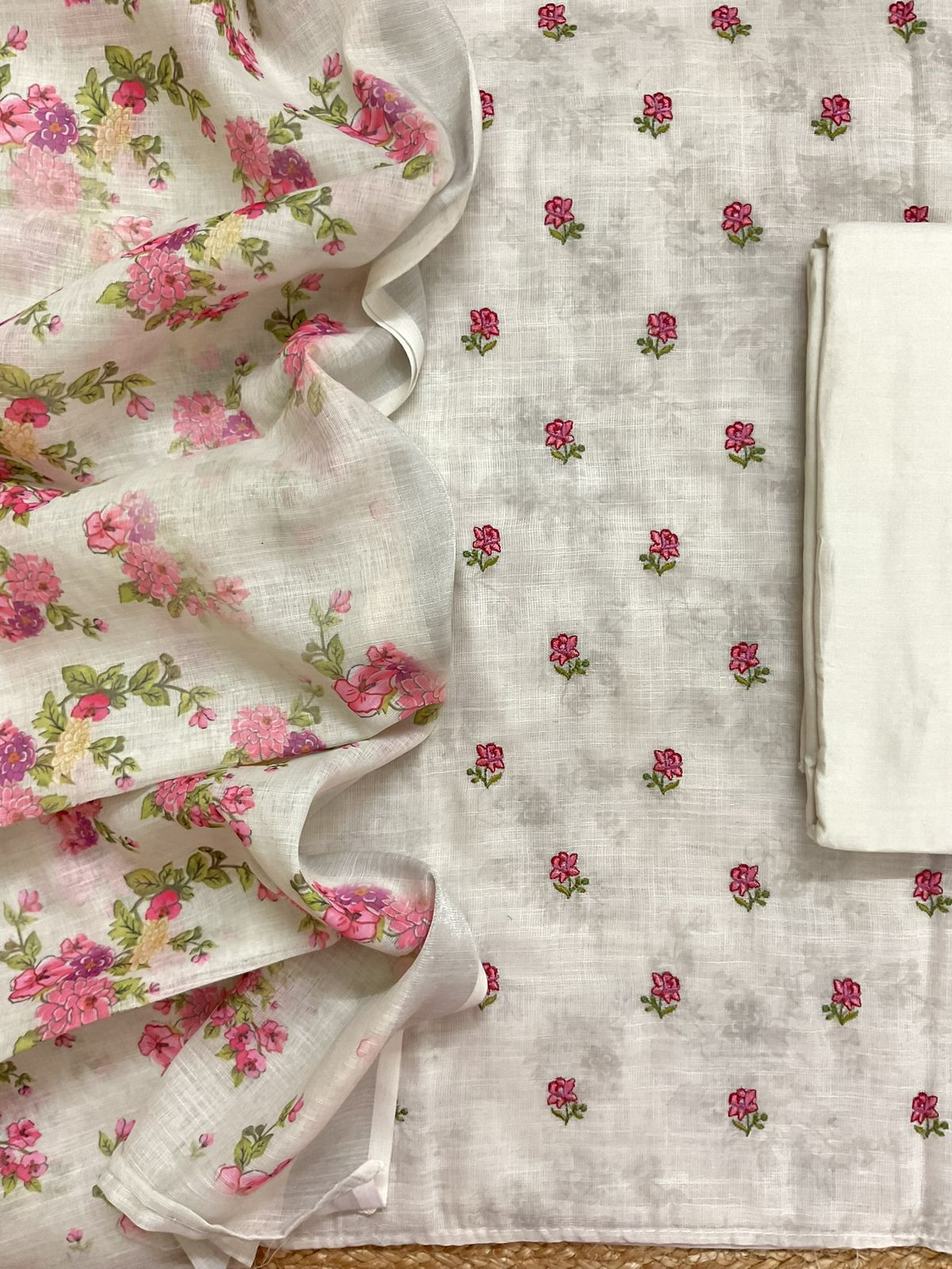 Soft Linen Jute Cotton Printed Embroidered Suit - Off White