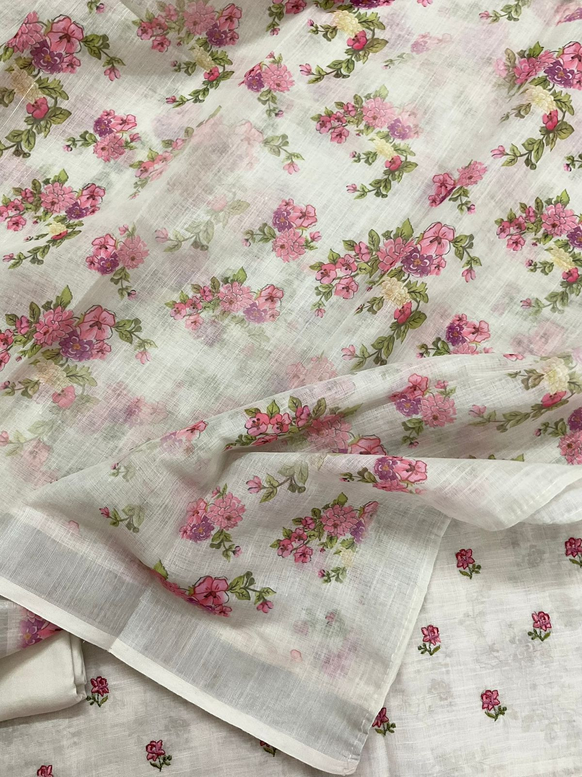 Soft Linen Jute Cotton Printed Embroidered Suit - Off White