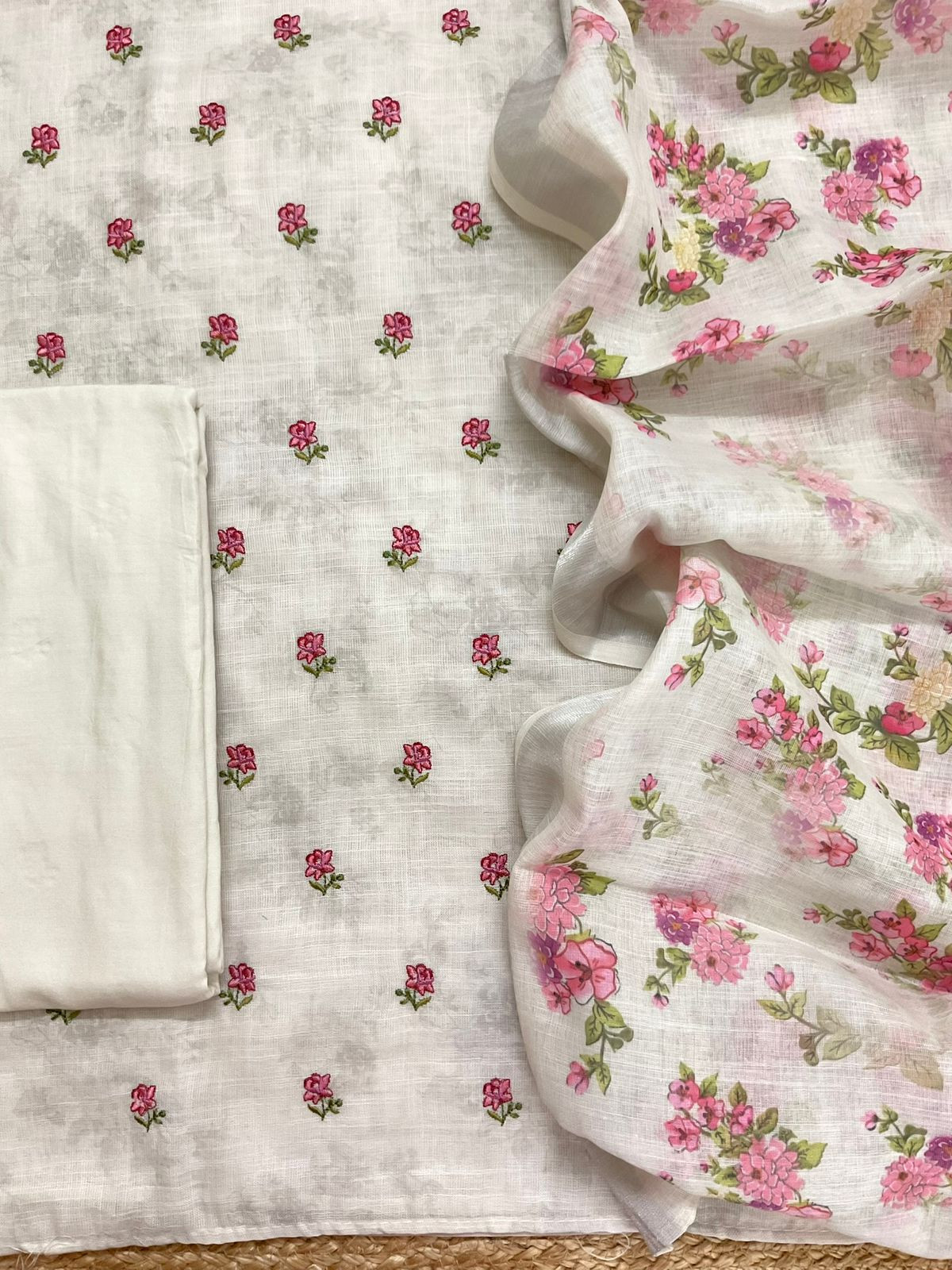 Soft Linen Jute Cotton Printed Embroidered Suit - Off White