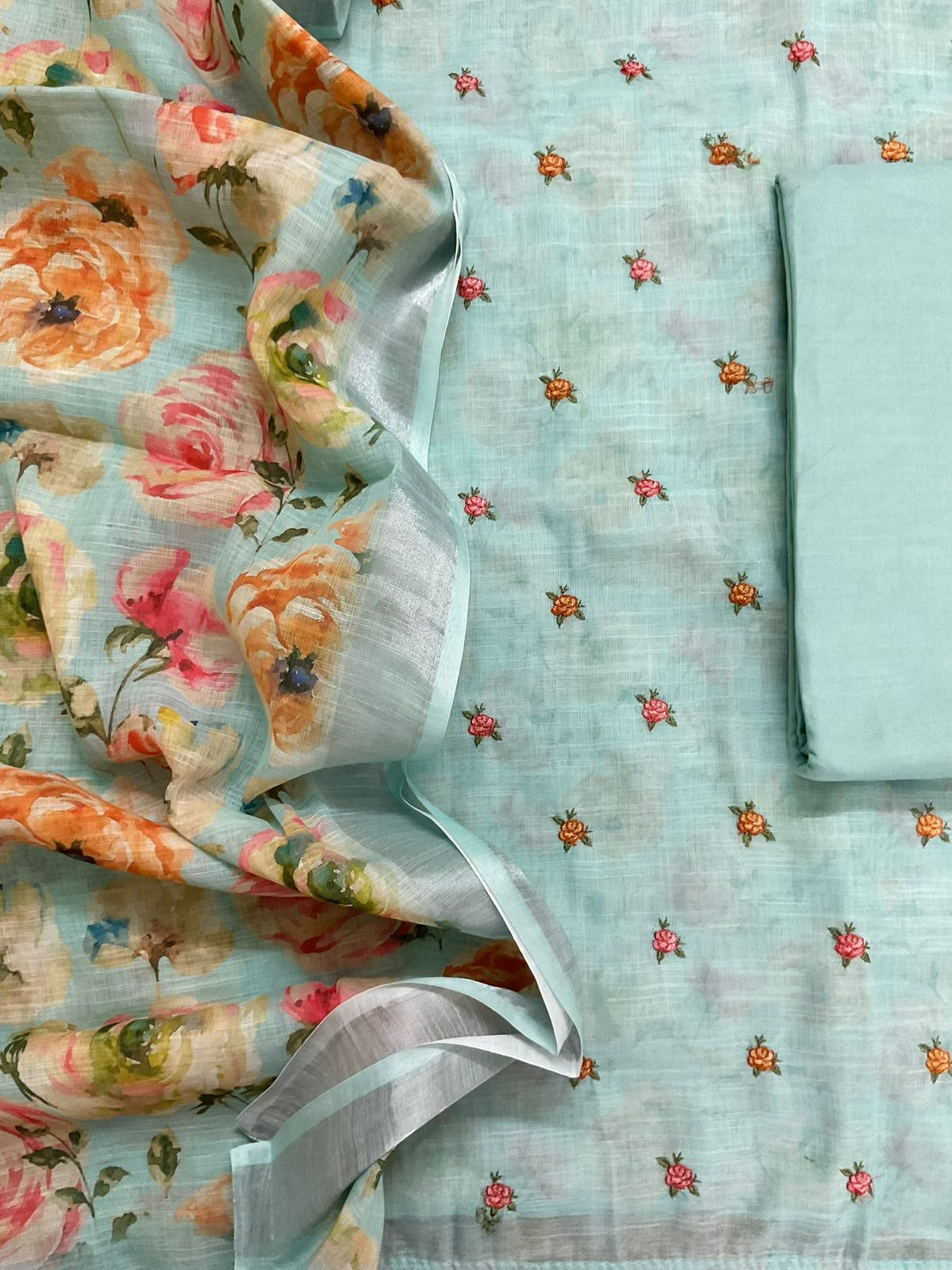 Soft Linen Jute Cotton Printed Embroidered Suit - Blue