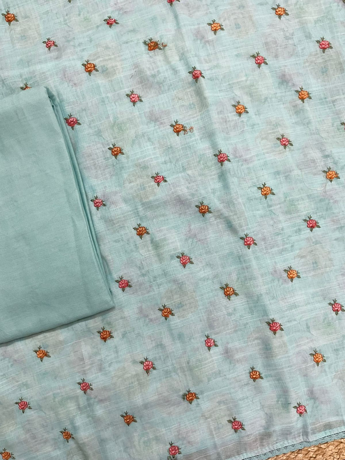 Soft Linen Jute Cotton Printed Embroidered Suit - Blue